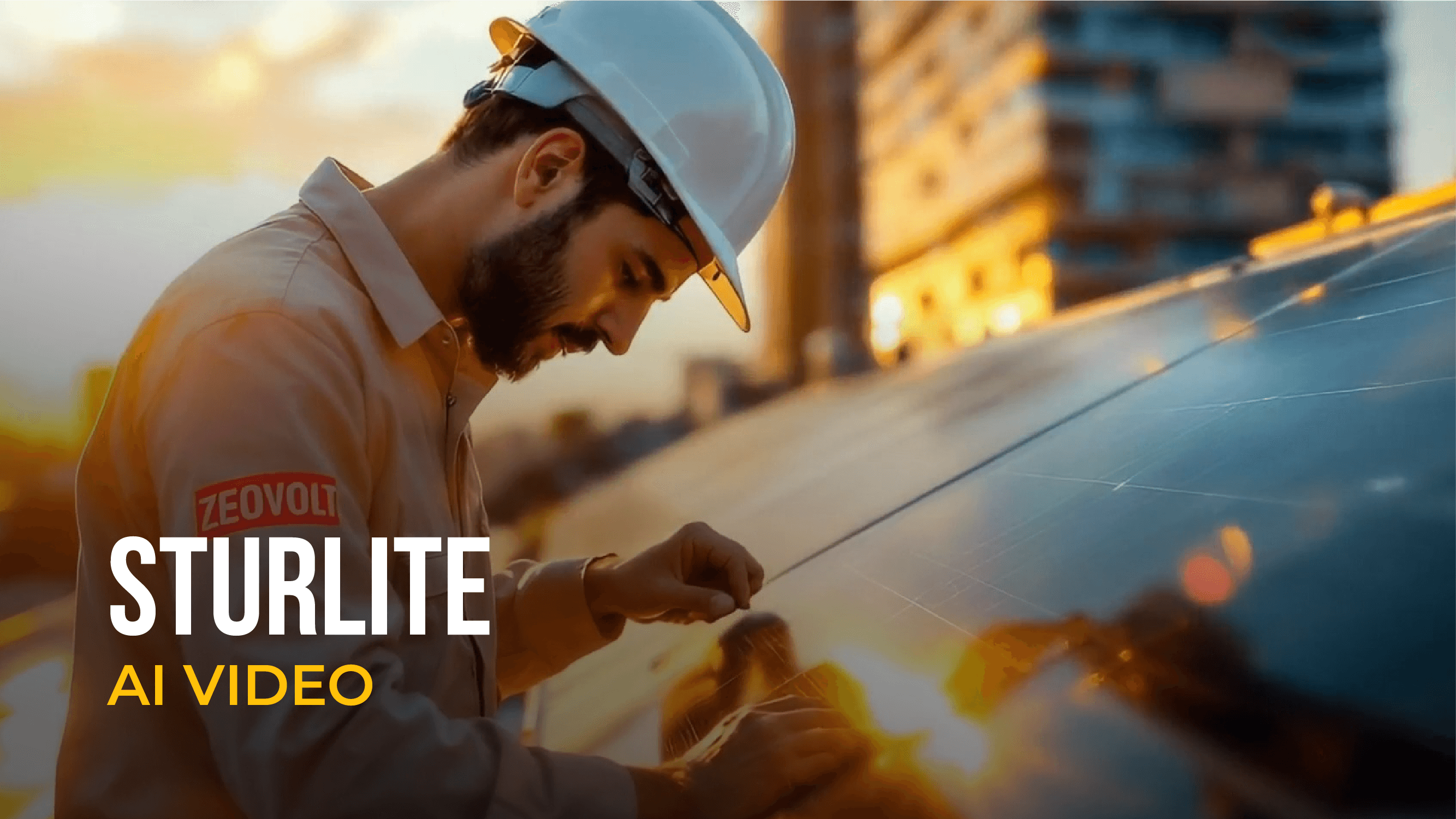 Technician inspecting a solar panel at sunset in a Sturlite AI-generated video.