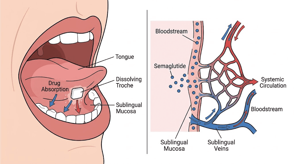 Semaglutide troche sublingual absorption pathway diagram