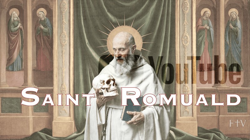 Sacred artwork by Faith and Verse. © Faith and Verse, 2025. All rights reserved. Saint Romuald shown in monastic stillness with skull and halo, set before painted icons in a medieval chapel.