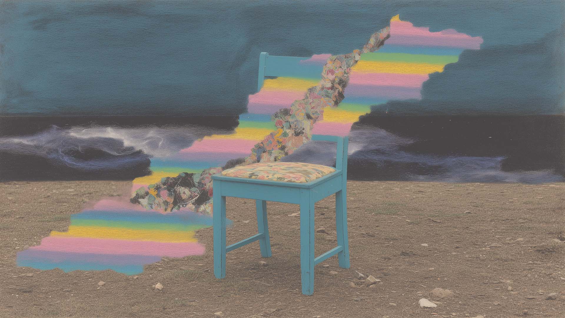 Minimal surreal collage of a blue chair and rainbow pathway, conceptual design piece.