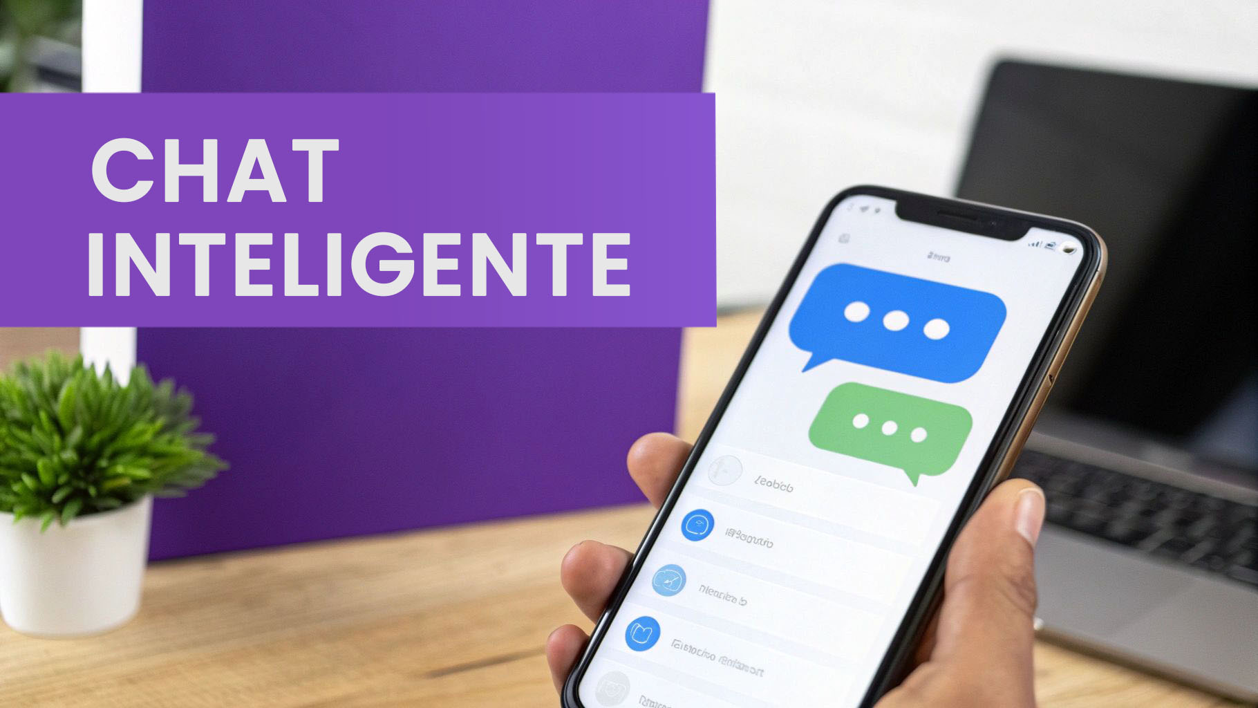 Aplicación de chat inteligente en smartphone mostrando conversación con mensajes azules y verdes en pantalla