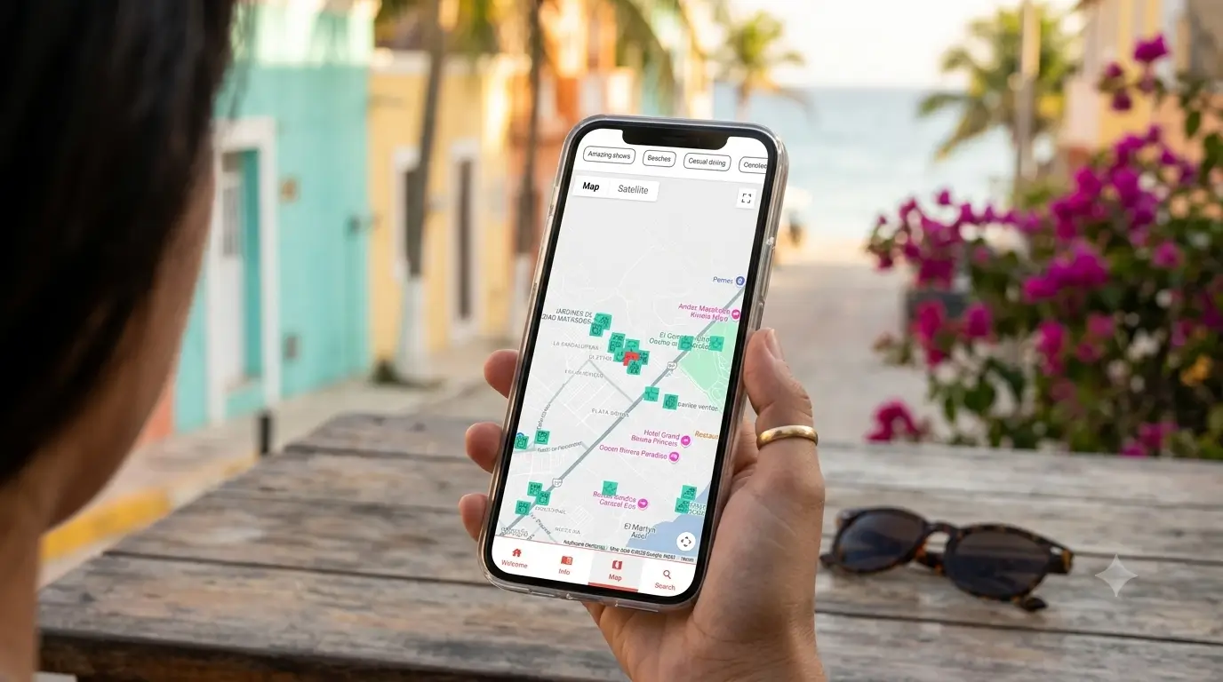 A guest holds a phone showing a host's local recommendations map inside a digital guidebook.