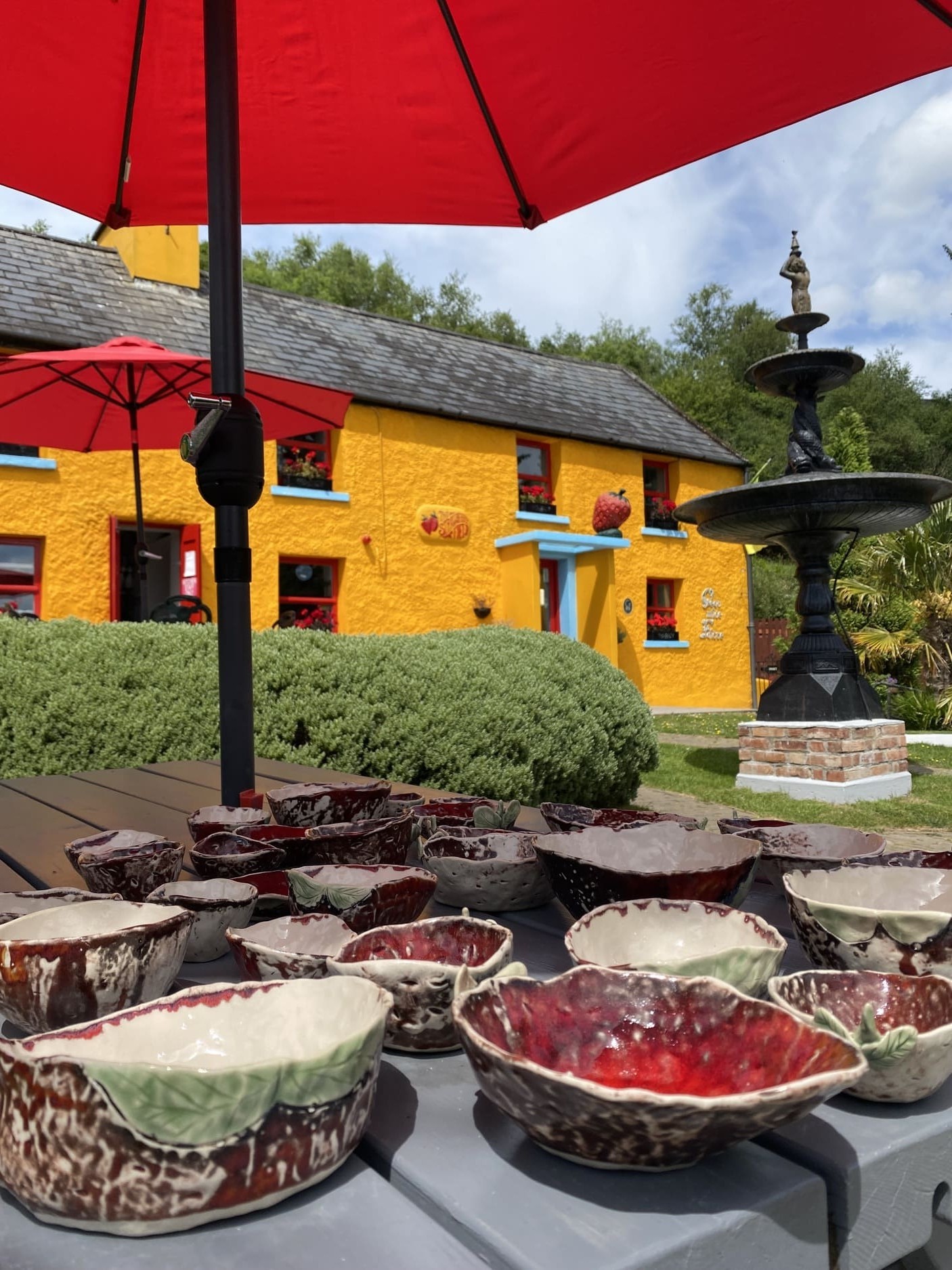 Mayra's ceramics on table outside with view of the Strawberryfield in the background