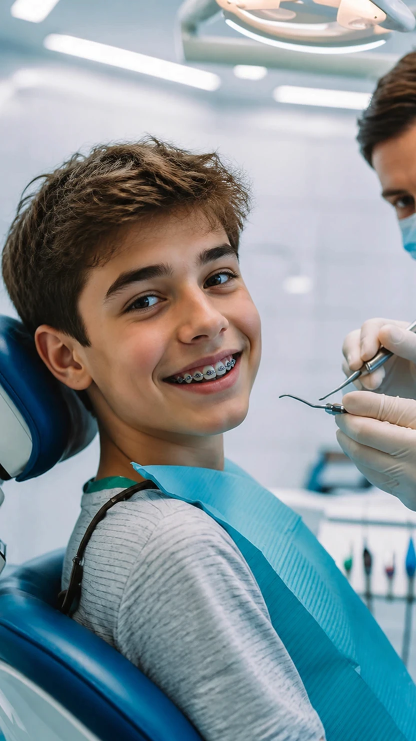 Smiling boy wearing dental braces holding a toothbrush in a bright dental office during a checkup.