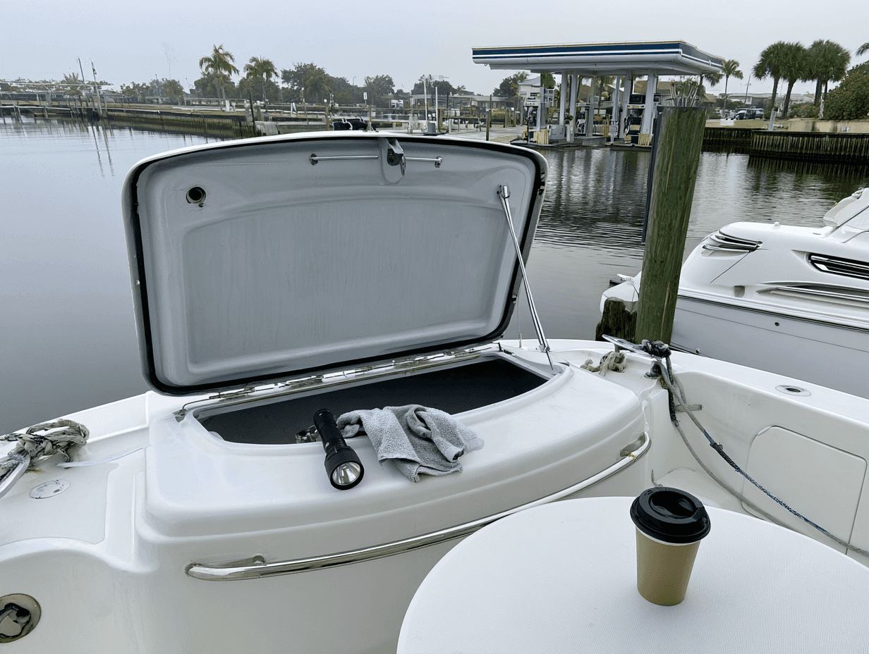 An open hatch with a flashlight and a rag on its rim in the cockpit of a cruiser at a Florida marina, early in the morning