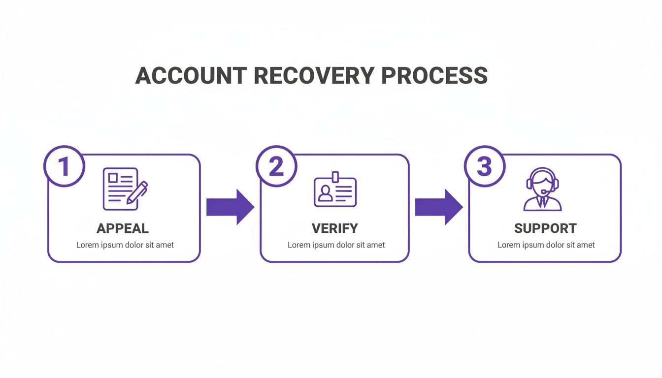 Flowchart illustrating a three-step account recovery process: Appeal, Verify, and Support with icons.