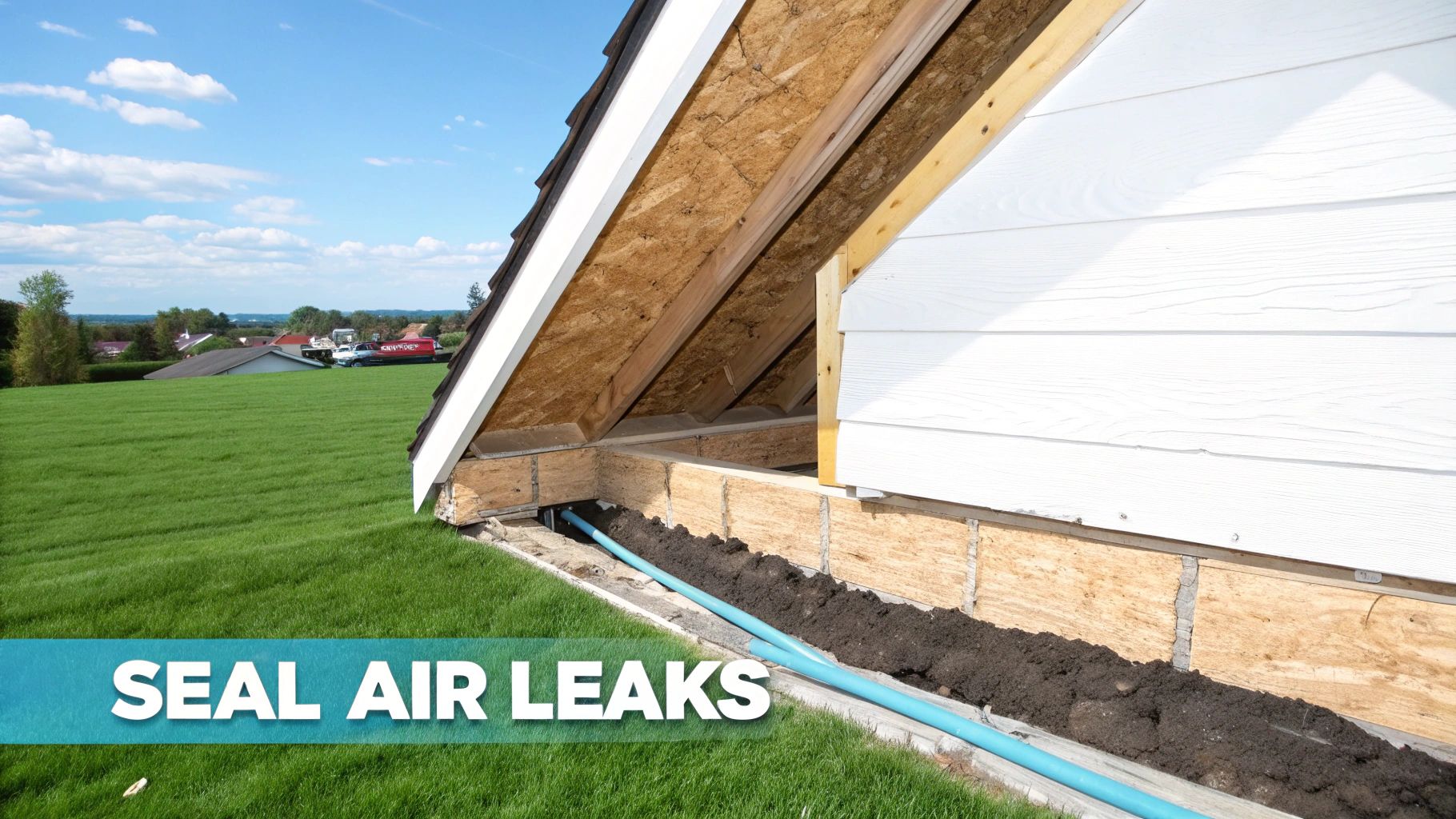 Exterior view of a house under construction, showing exposed OSB walls, a pipe, and text "SEAL AIR LEAKS".