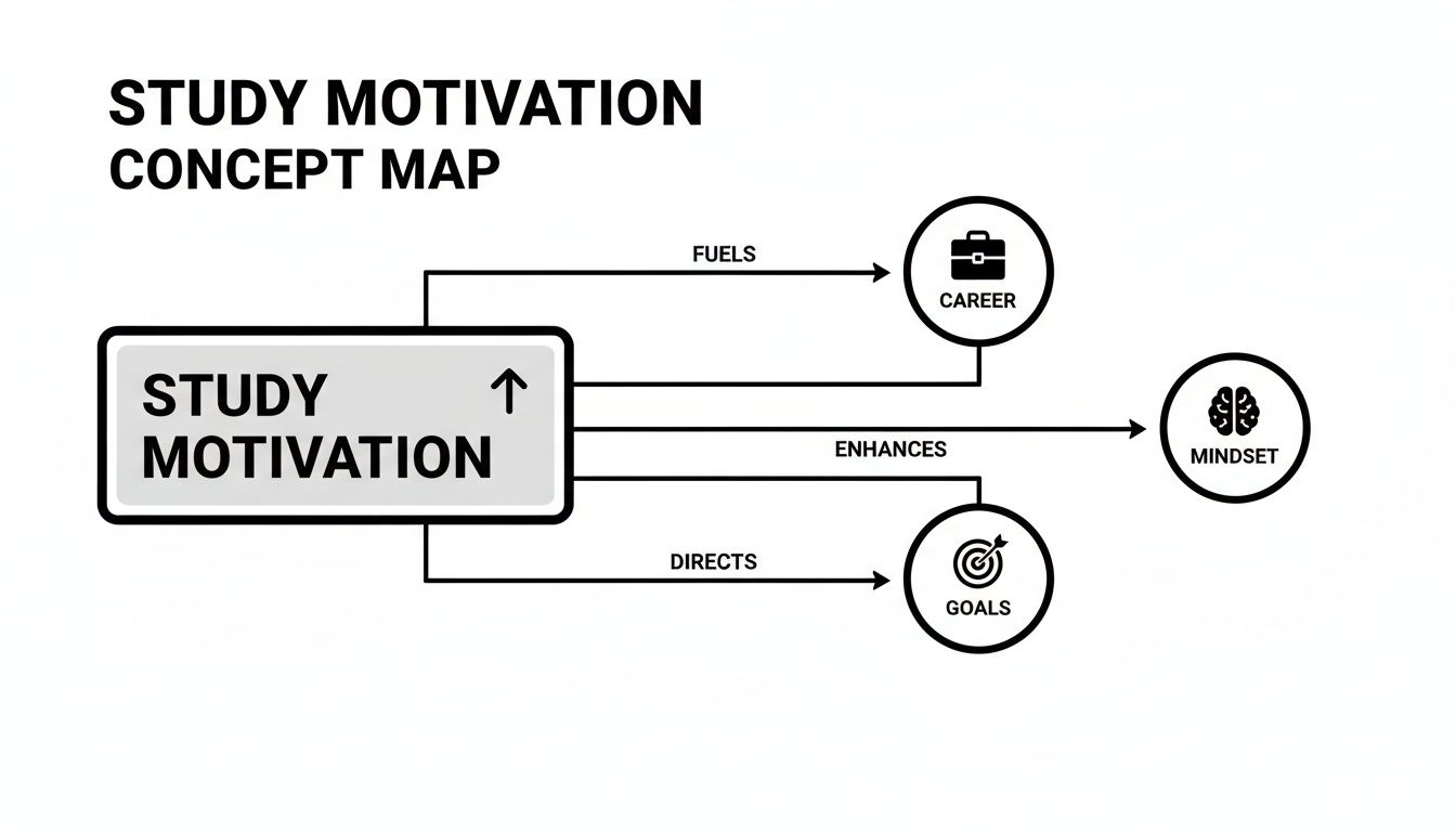 A concept map showing study motivation fuels career, enhances mindset, and directs goals.
