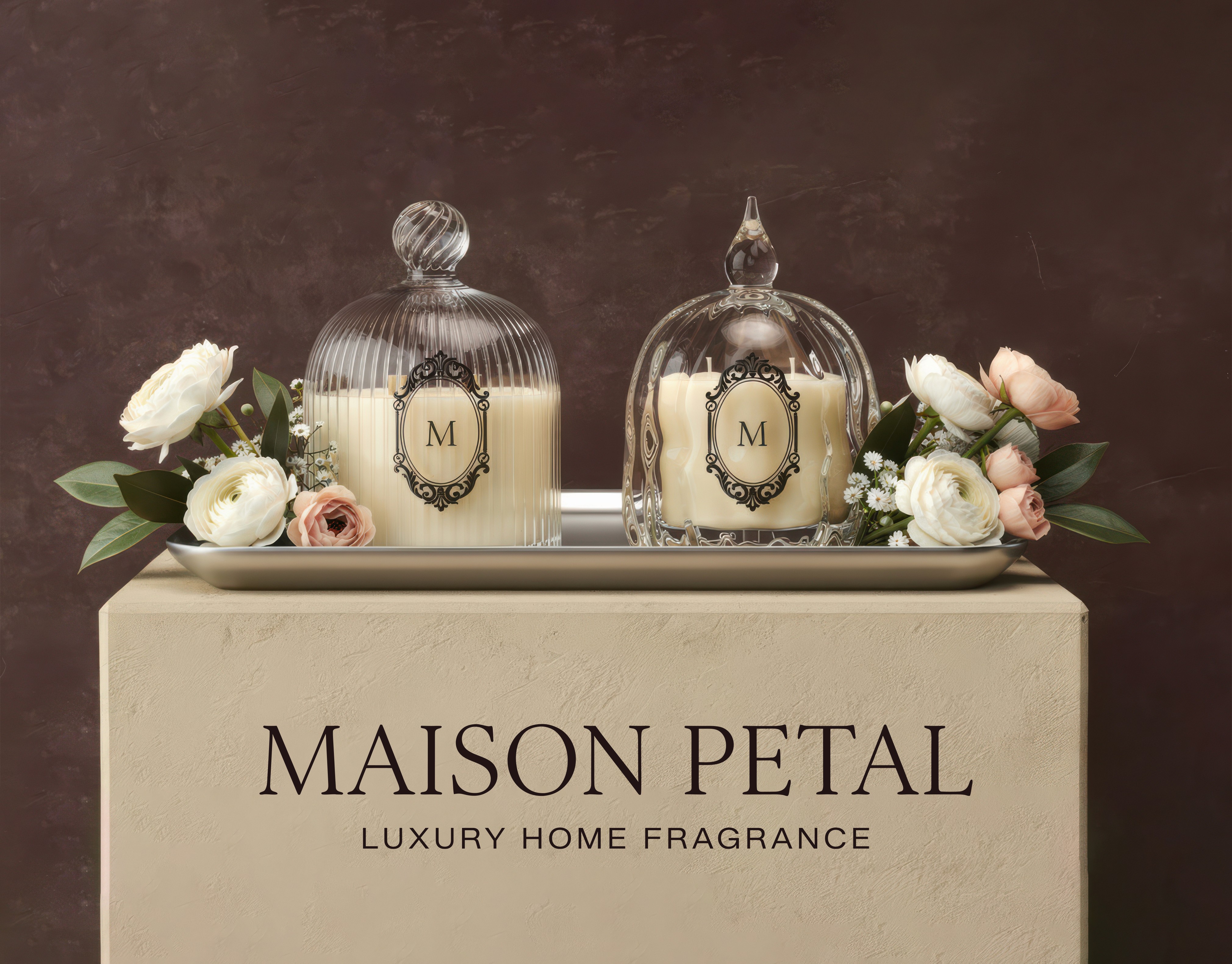 Elegant display of two glass-encased candles marked with "M," surrounded by white and pink roses. Below, "Maison Petal Luxury Home Fragrance" text appears.