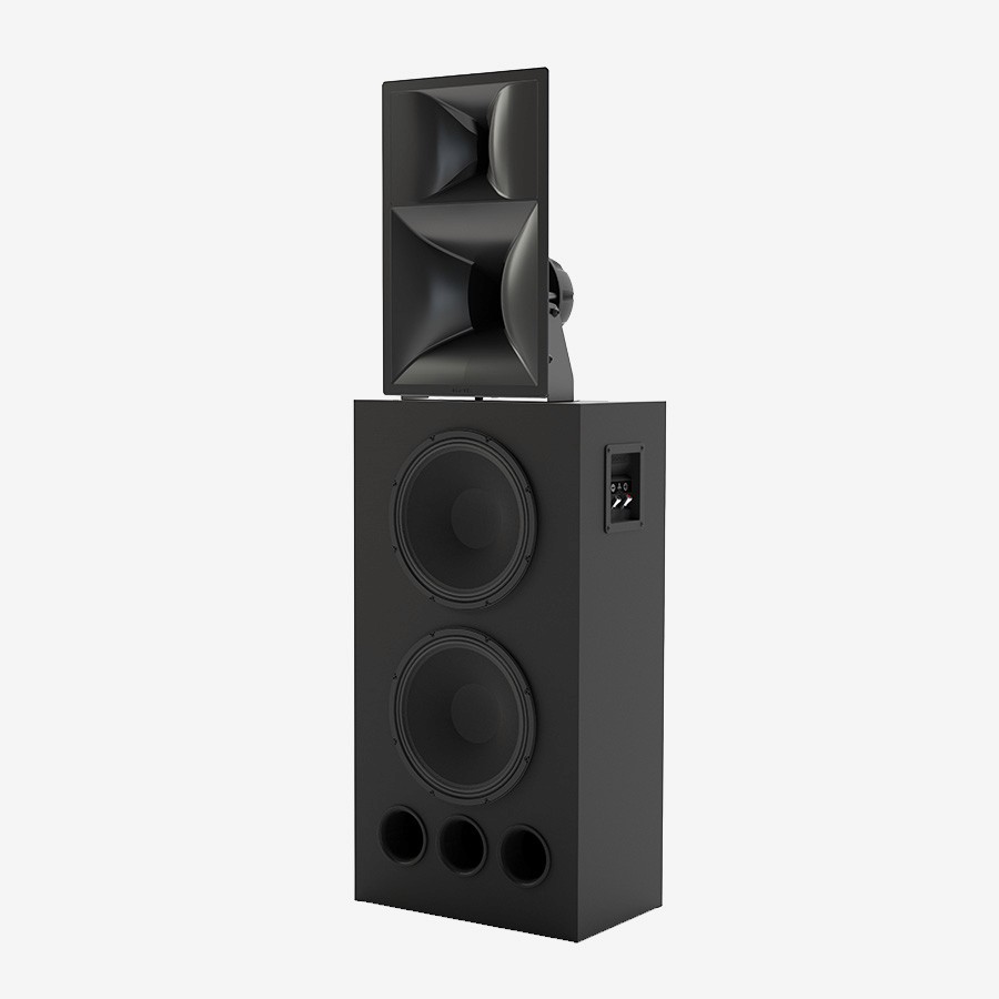 Black two-way speaker tower with horn tweeter