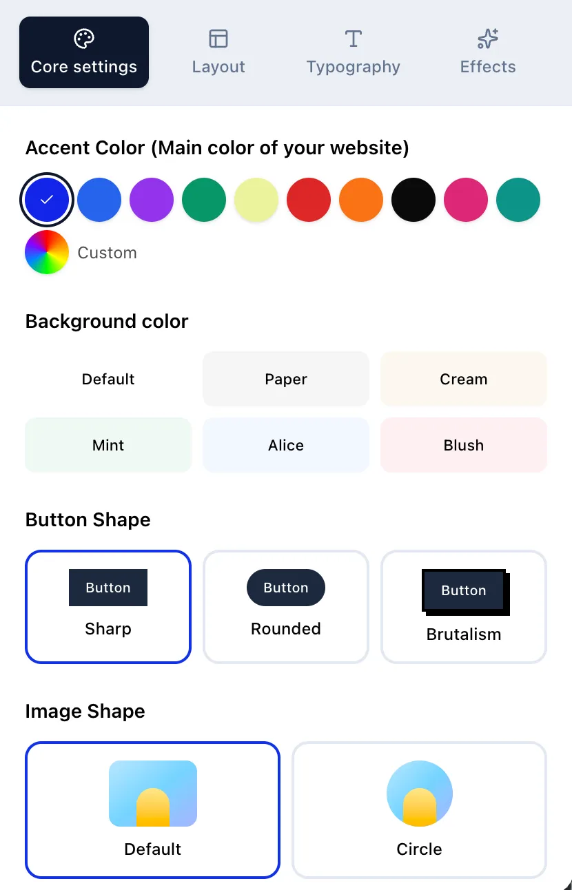 Screenshot of theme customization of webfolio website builder