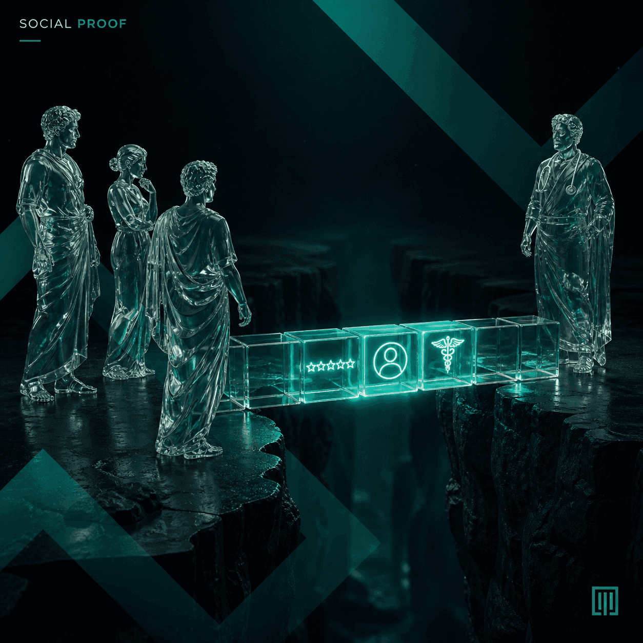 Vixilia strategic marketing visualization of overcoming patient hesitation: Depicts transparent Roman-style statues and a doctor on opposing cliffs connected by a glowing bridge of social proof elements (★★★★★ rating, patient profile, medical caduceus icons) across a deep canyon to symbolize building patient trust and reducing risk to drive clinic growth and conversion. Text labels include 'SOCIAL PROOF' and 'VIXILIA DRIVE GROWTH'.