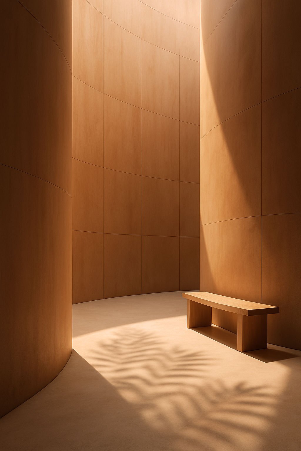 Blonde wood interior with curved walls, wooden bench, directional sunlight, and botanical shadows.