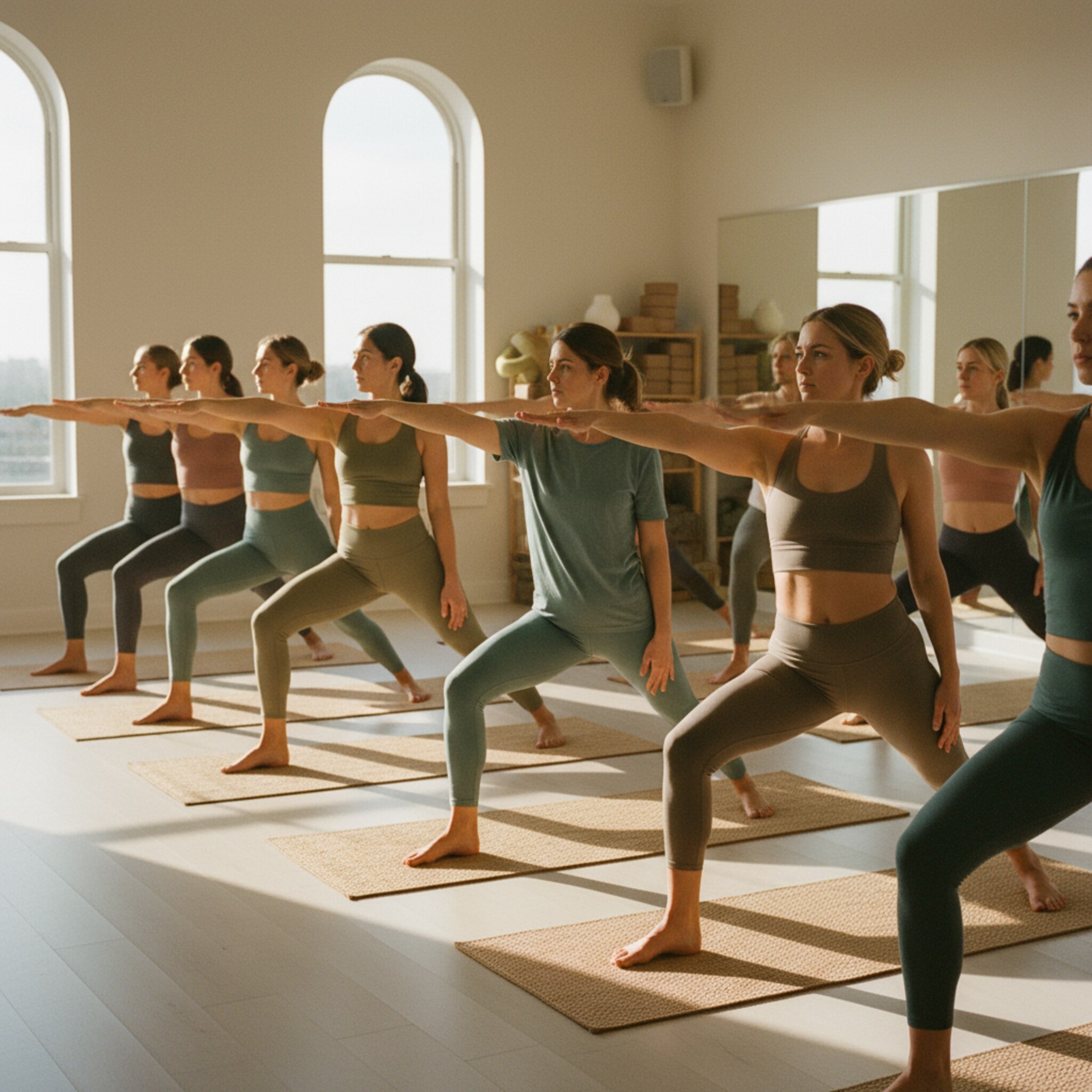 Dynamische Yogaklasse im Studio, gefüllte Mattenreihe in Krieger-Position, Trainerin korrigiert eine Teilnehmerin, warmes Licht, realistische Fotografie