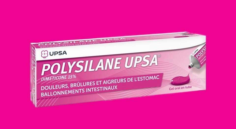 Boîte de médicament Polysilane UPSA pour douleurs et brûlures d'estomac.