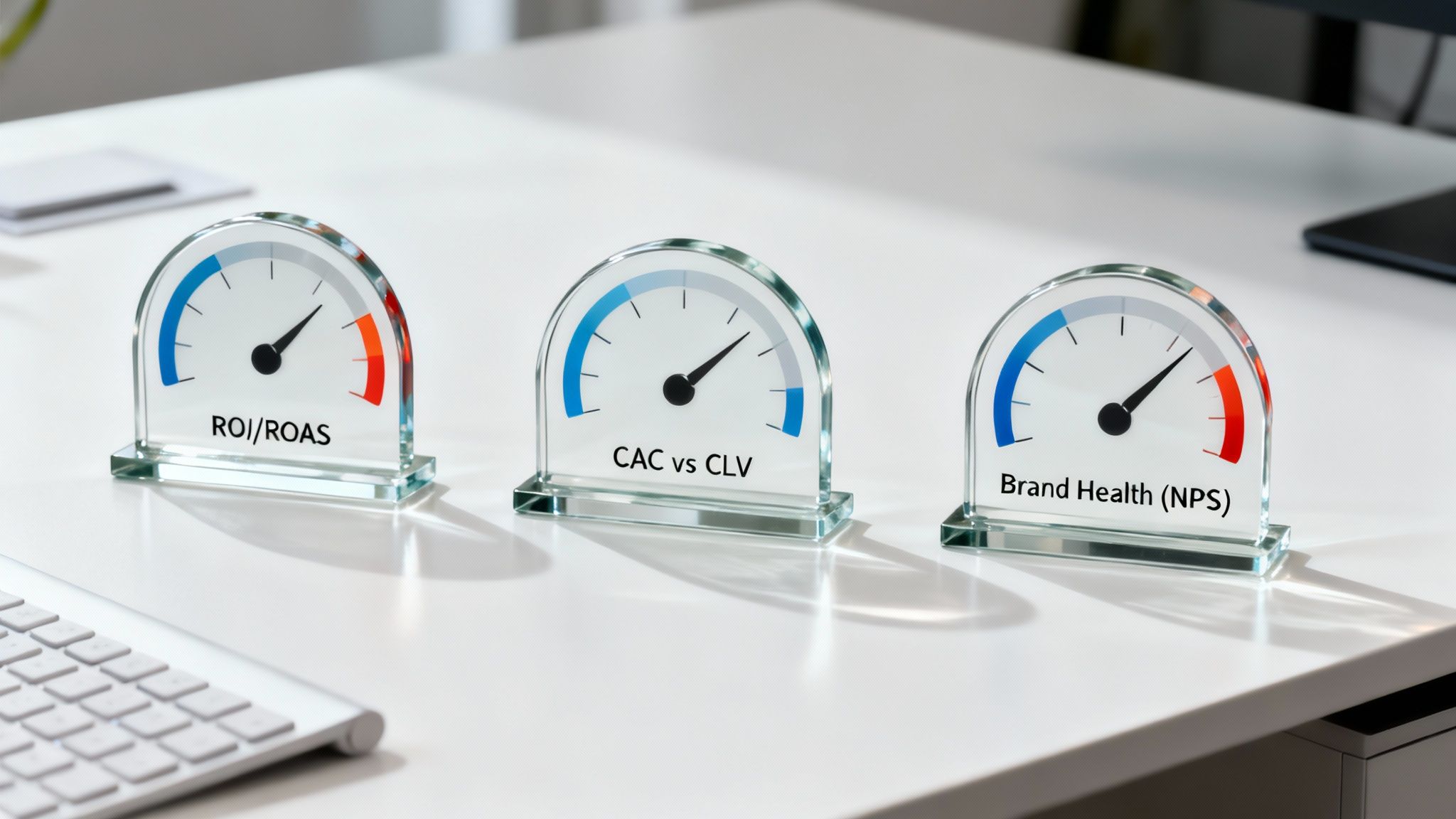A close-up of a digital dashboard showing colorful graphs and key performance indicators like ROI and CLV.