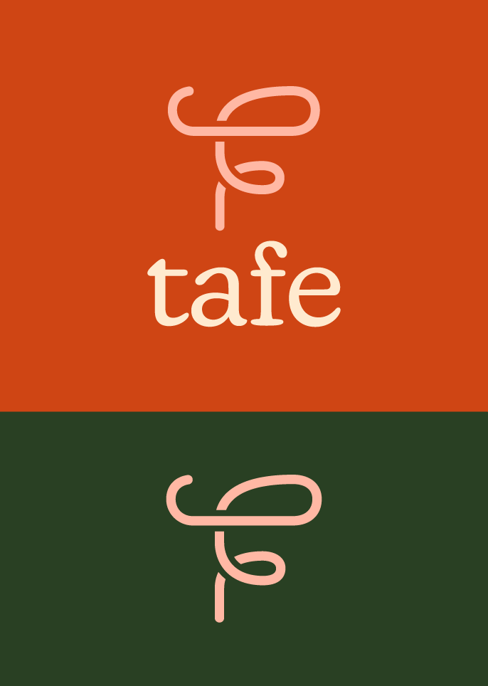 Two logo variations on solid backgrounds — the Tafe monogram with wordmark on burnt orange, and the standalone monogram icon on deep forest green.