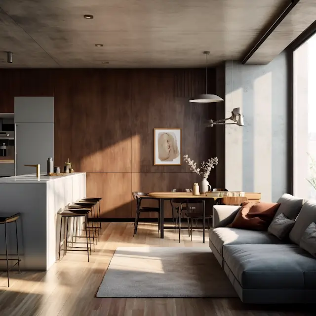 Sun-drenched modern open-plan apartment with wood paneled walls, a white kitchen island, velvet barstools, a minimalist dining table, and a grey sofa on a wood floor.