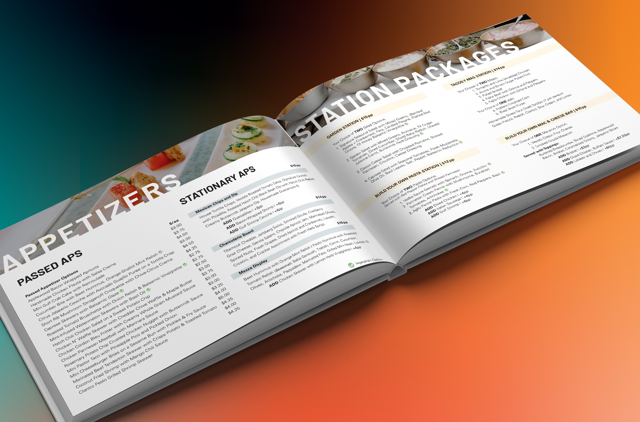 Open spread of a modern appetizer and cocktail menu featuring bold typography and food photography on an orange gradient background.