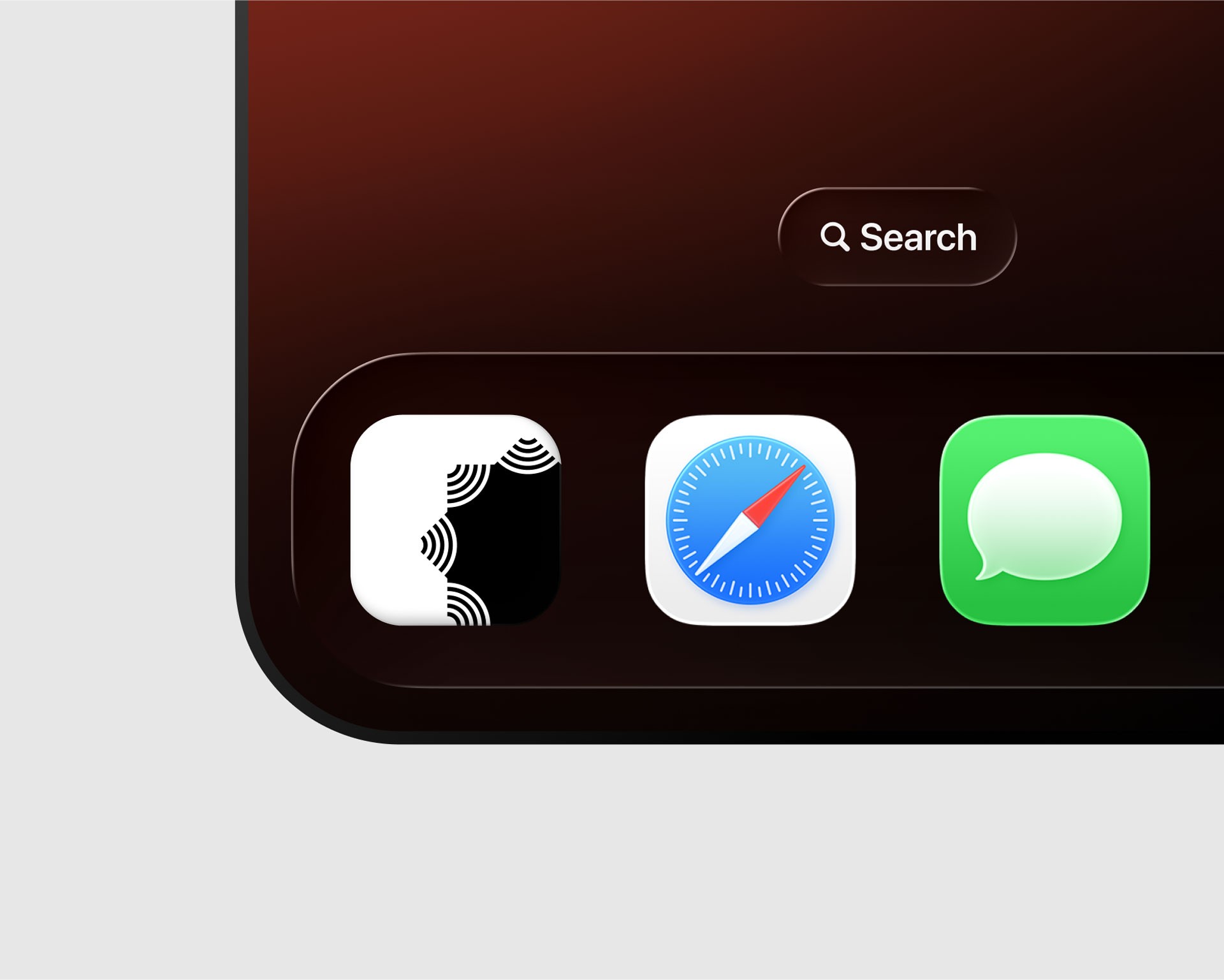 Close-up view of a smartphone screen bottom corner displaying app icons, including a black and white 'Atmsophere Studios' logo, a blue compass representing Safari, and a green chat bubble for messages, with a search bar above.