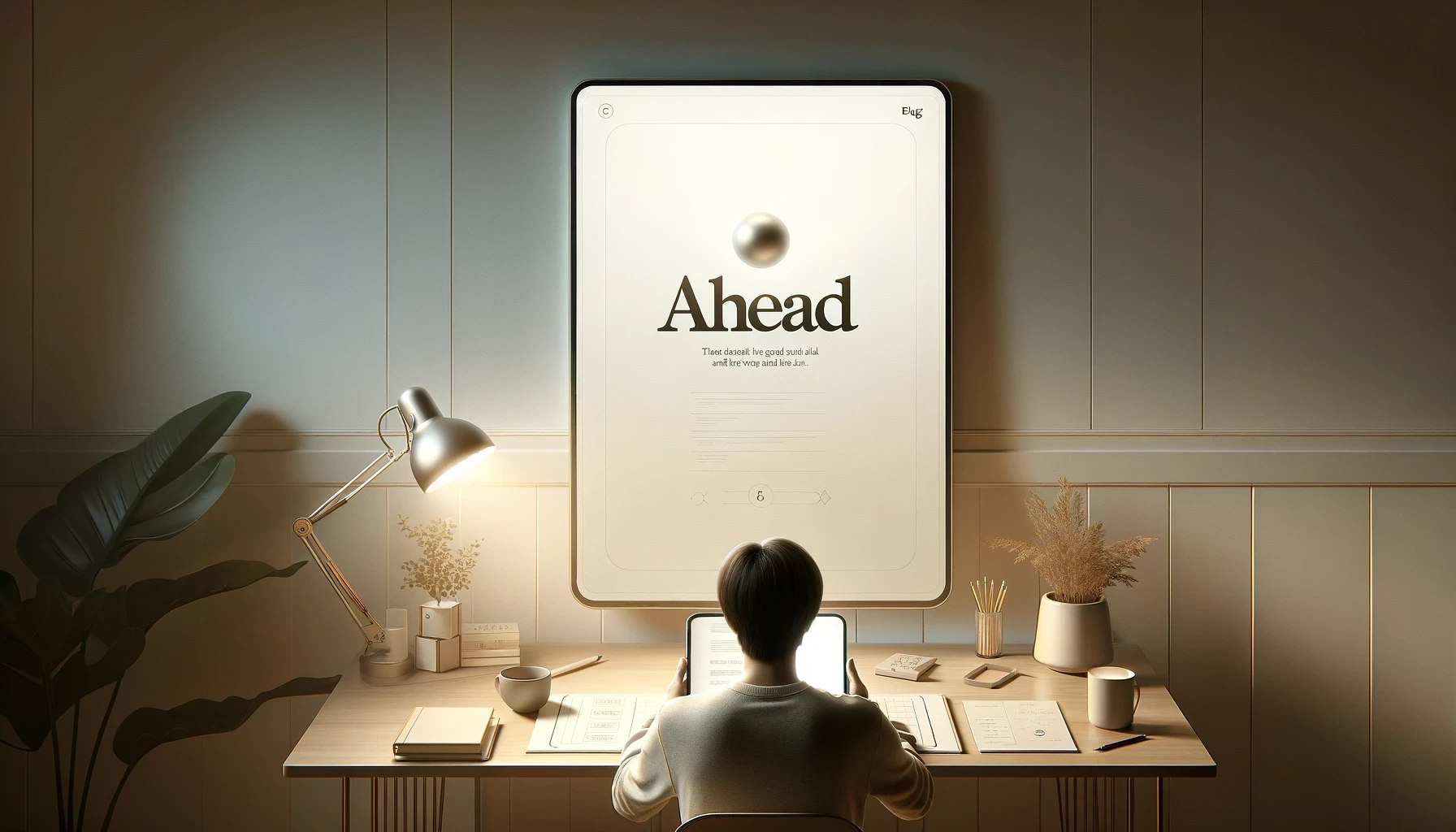 Entrepreneur using a tablet at a modern desk with a large screen displaying 'Ahead,' symbolising business growth and strategic planning.