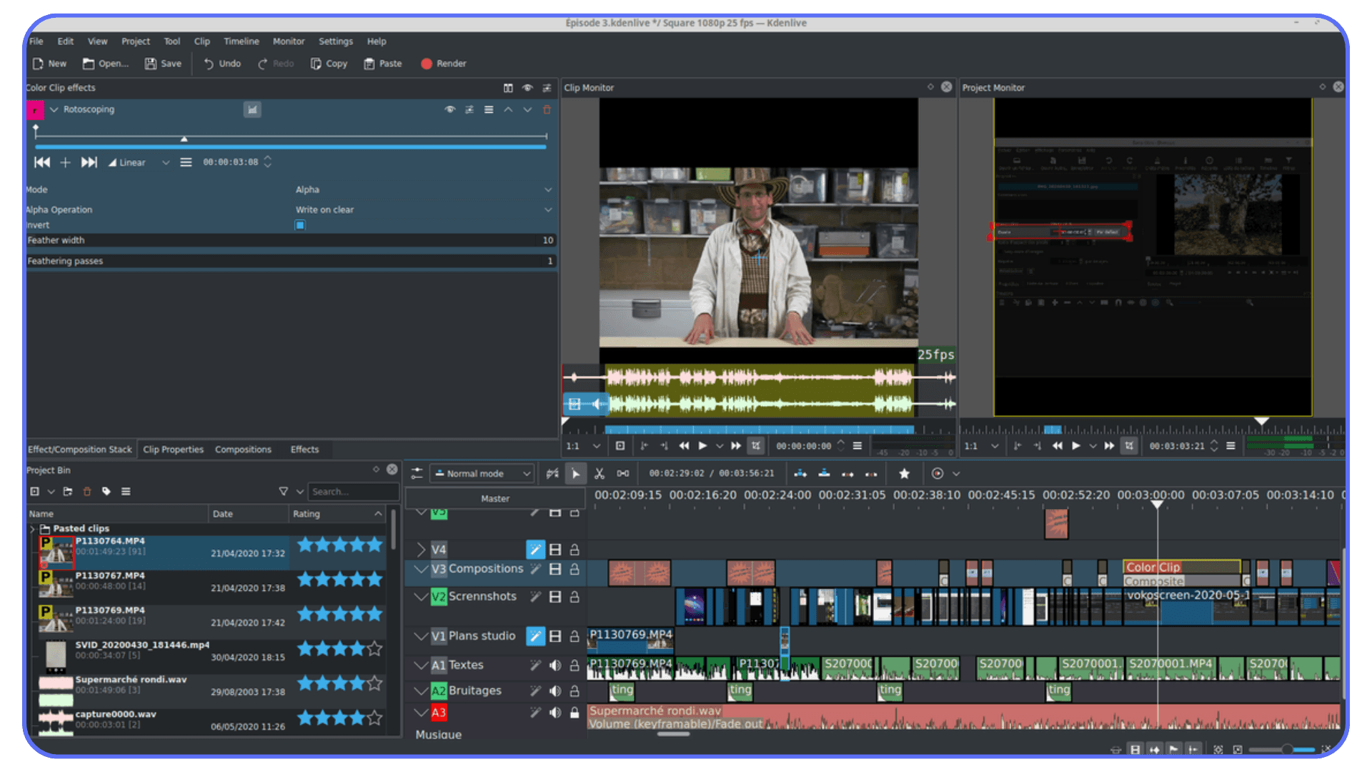 Kdenlive editor displaying a multitrack timeline, clip monitor, project monitor, rotoscoping effect settings, and detailed timeline layers.