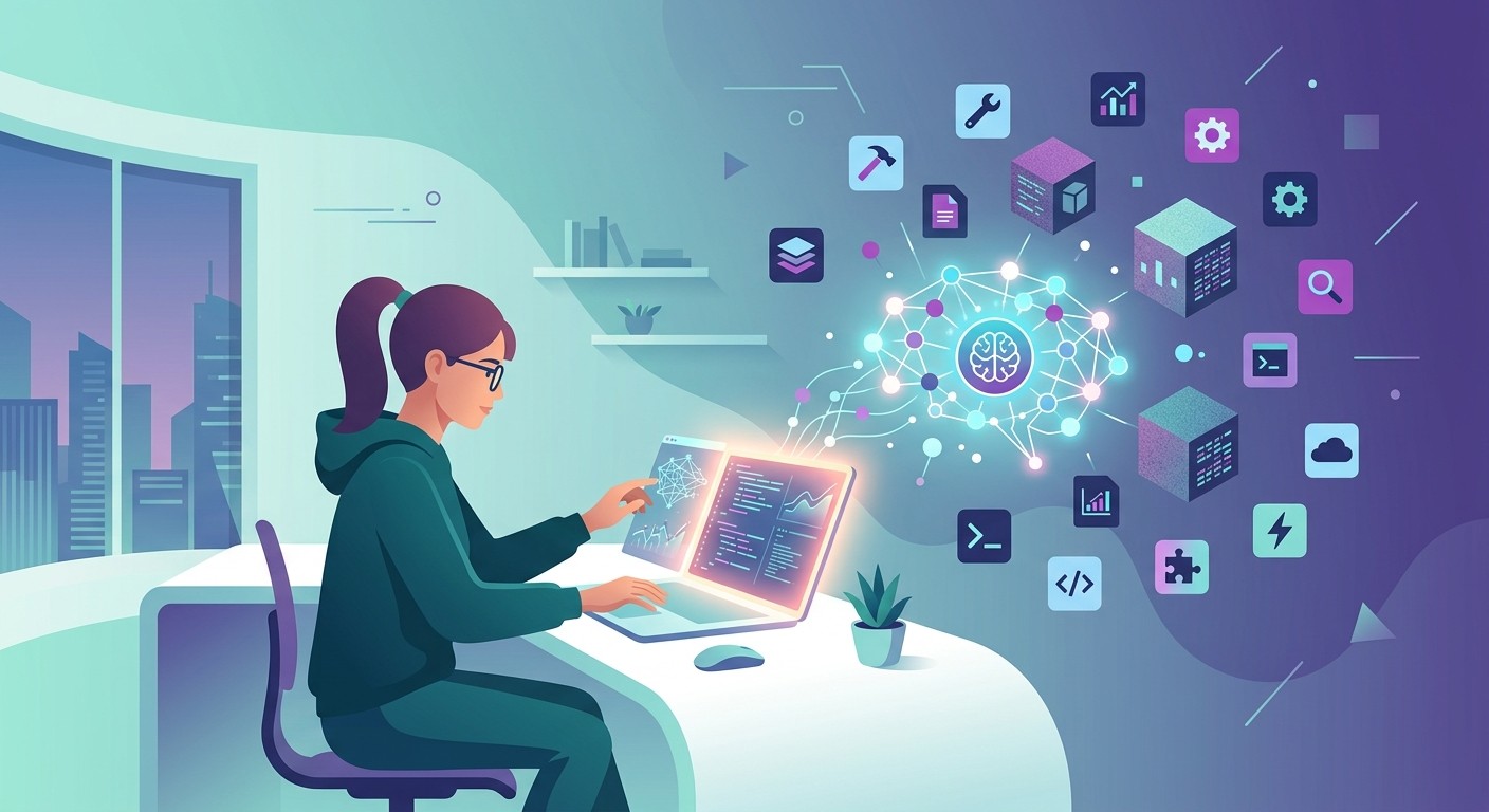 Illustration of a developer building an AI agent system with tools and memory components