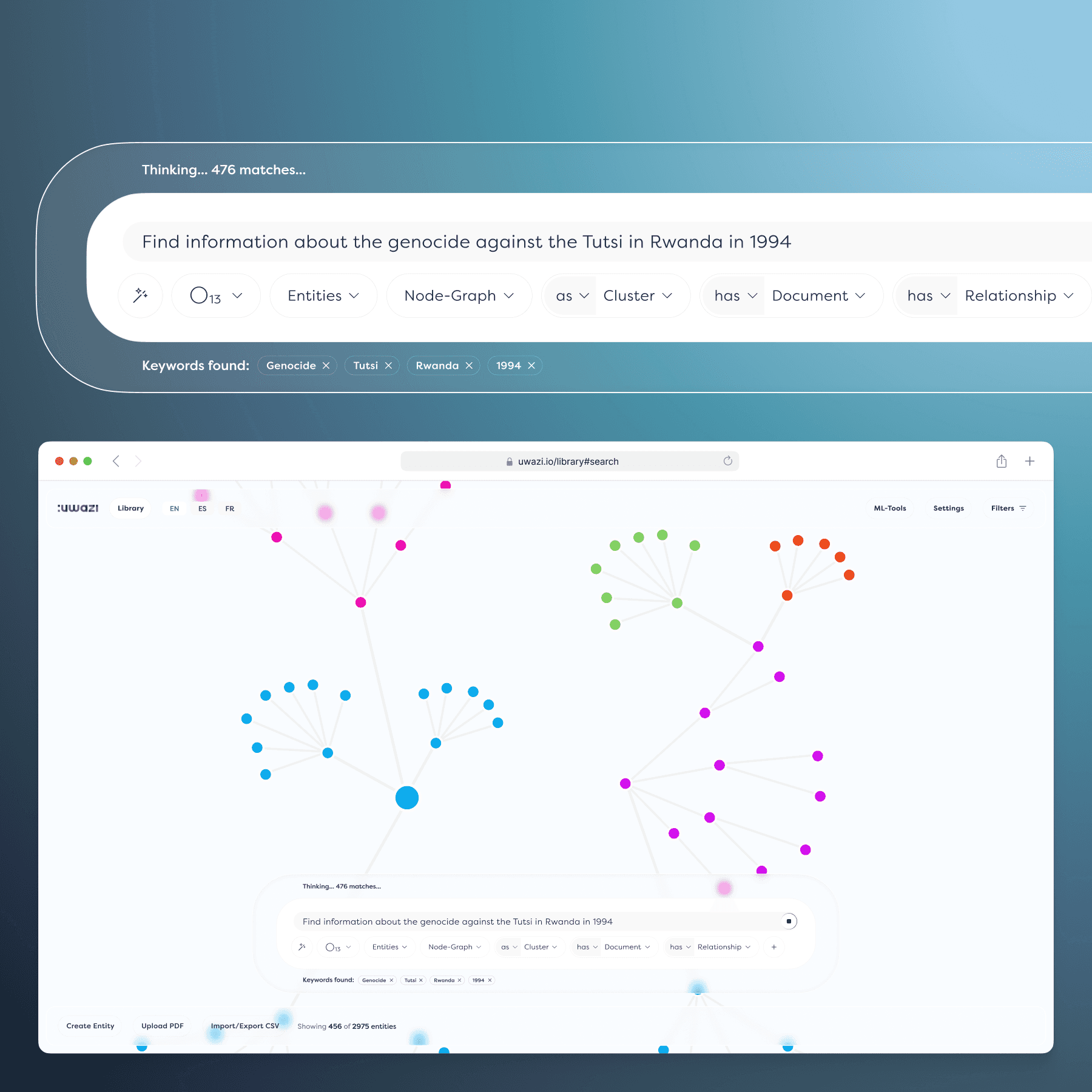 Uwazi V3 concept with conversational UI and chain filtering