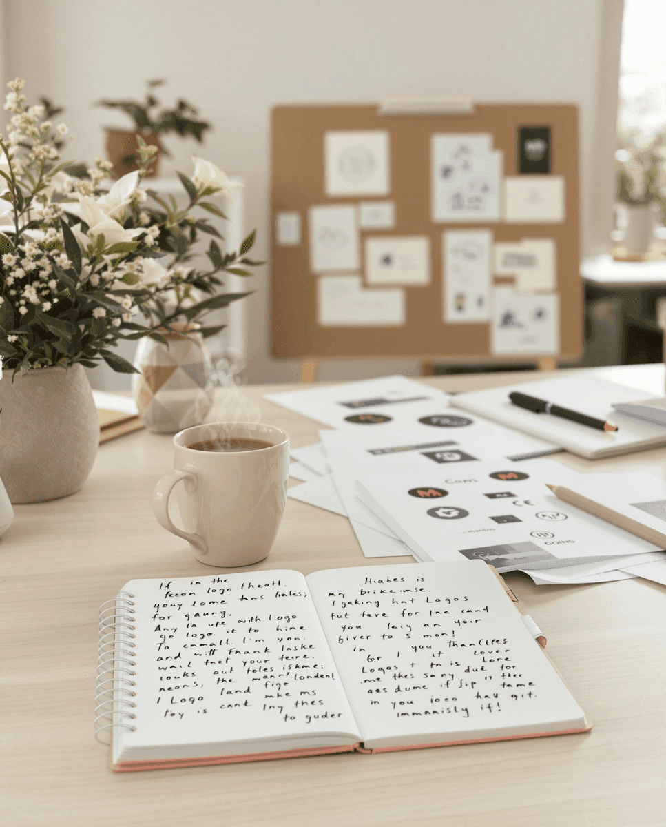 Creative workspace with a notebook showing handwritten notes, coffee cup, flowers, and a mood board in the background.