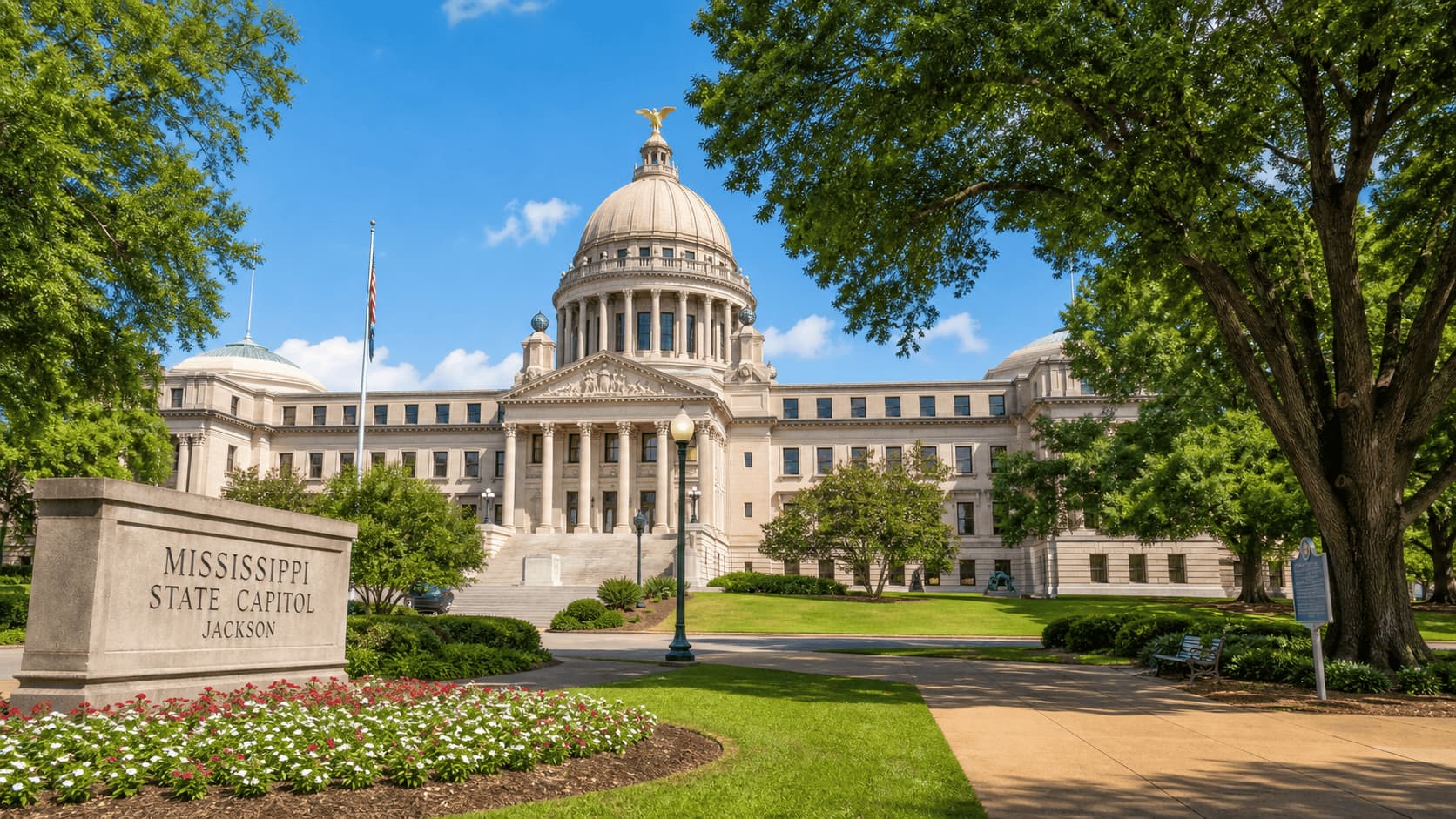 Mississippi State Capitol in Jackson with trees and landscaped grounds