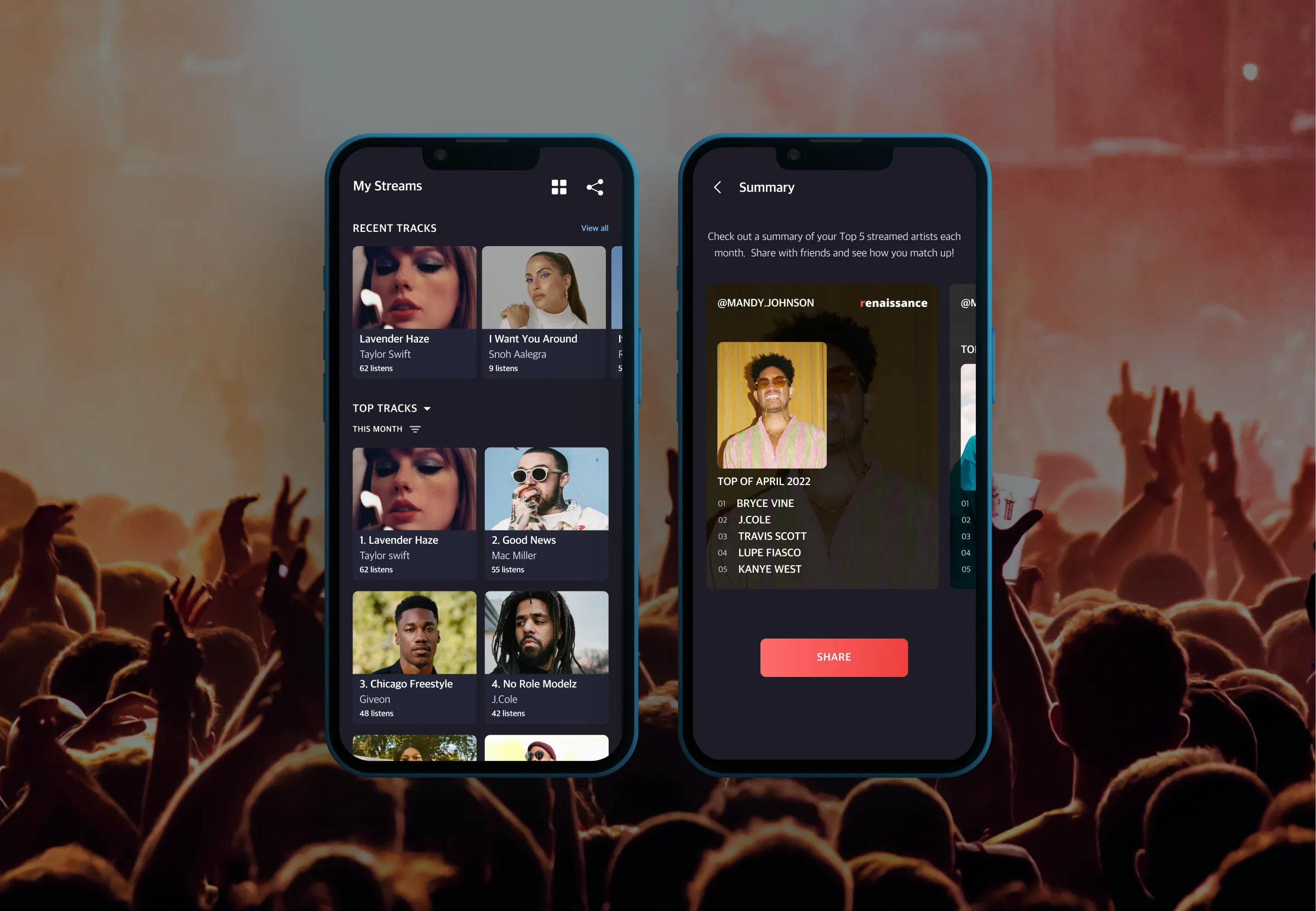 My Streams app screenshots showing music summaries and recent tracks
