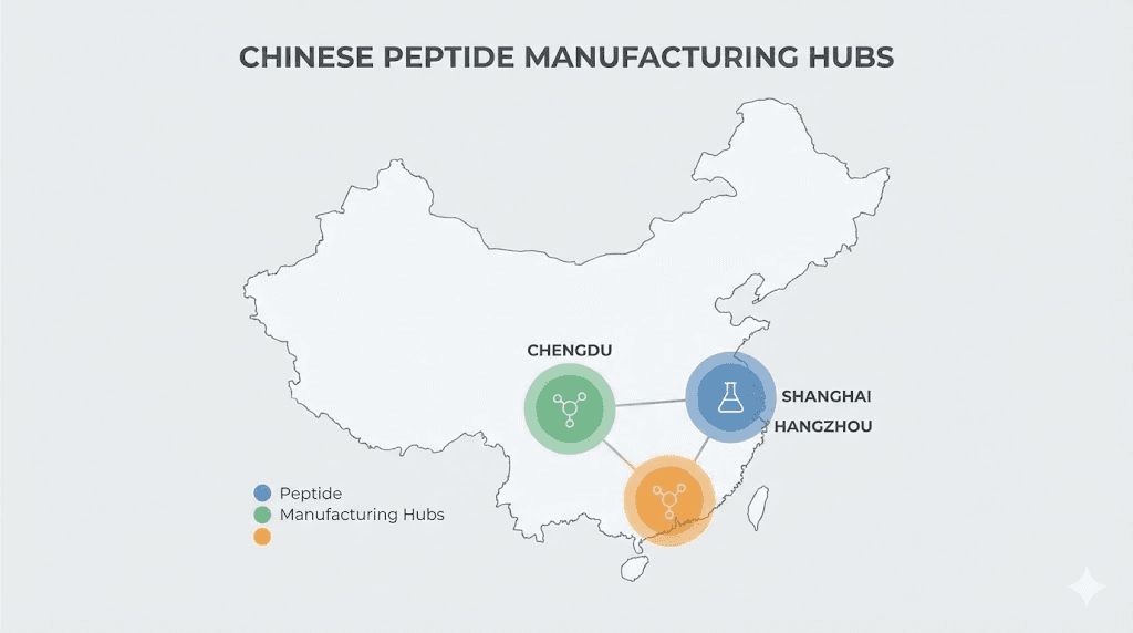 Map of major Chinese peptide manufacturing cities for bulk retatrutide sourcing