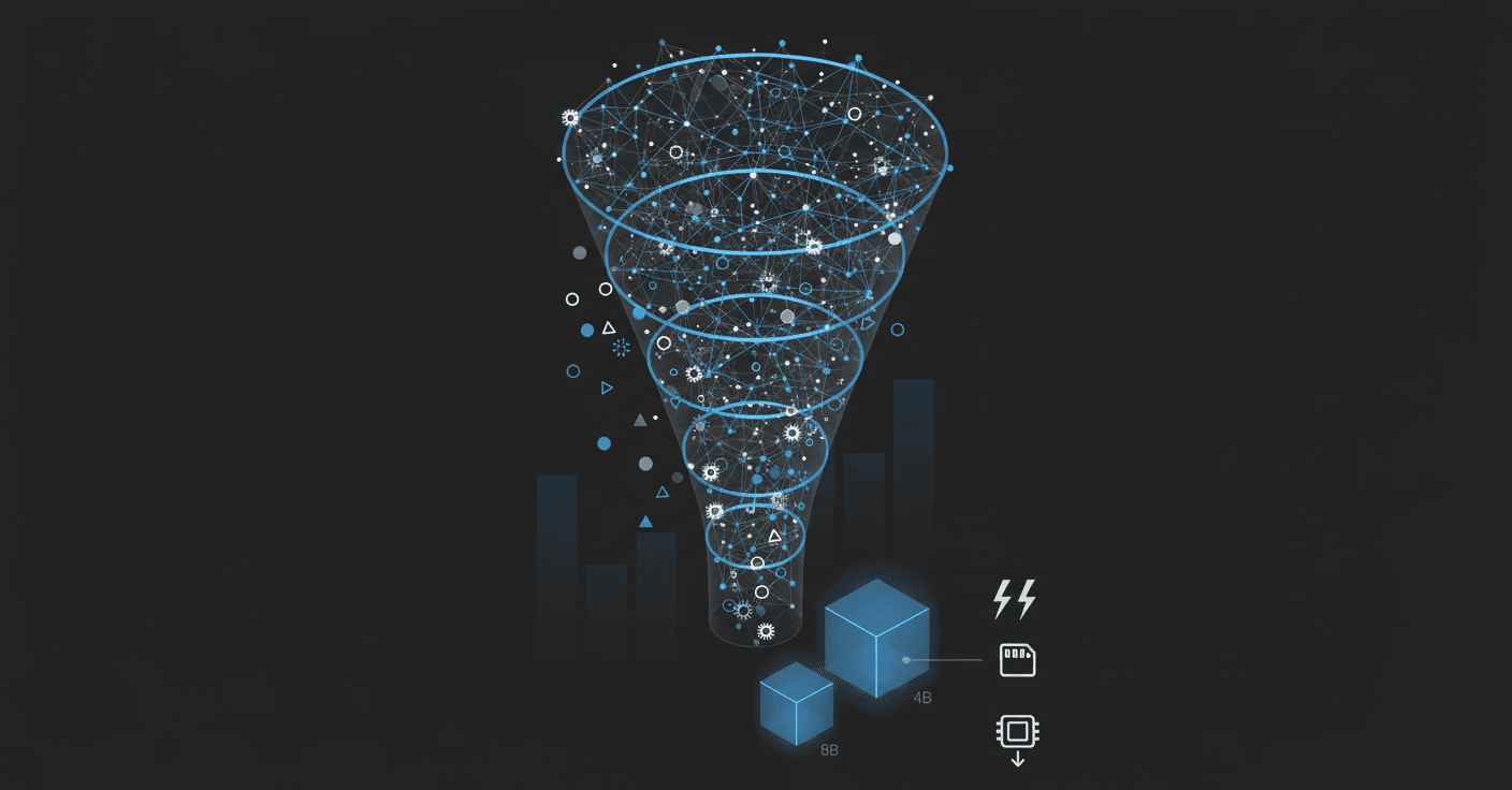 Concept graphic of a funnel turning a large neural net into compact faster models after pruning and distillation