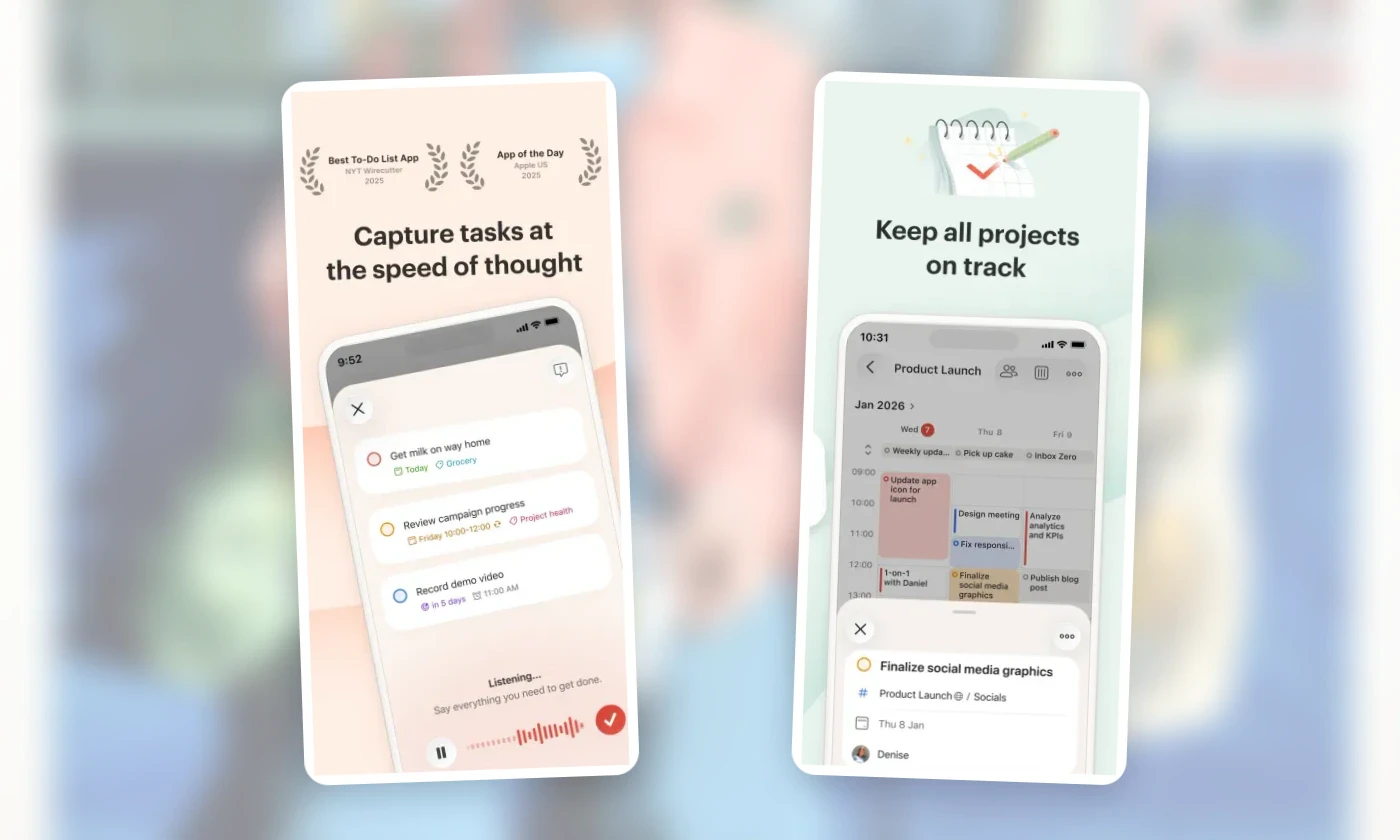 Official Todoist screens showing task capture and calendar planning.