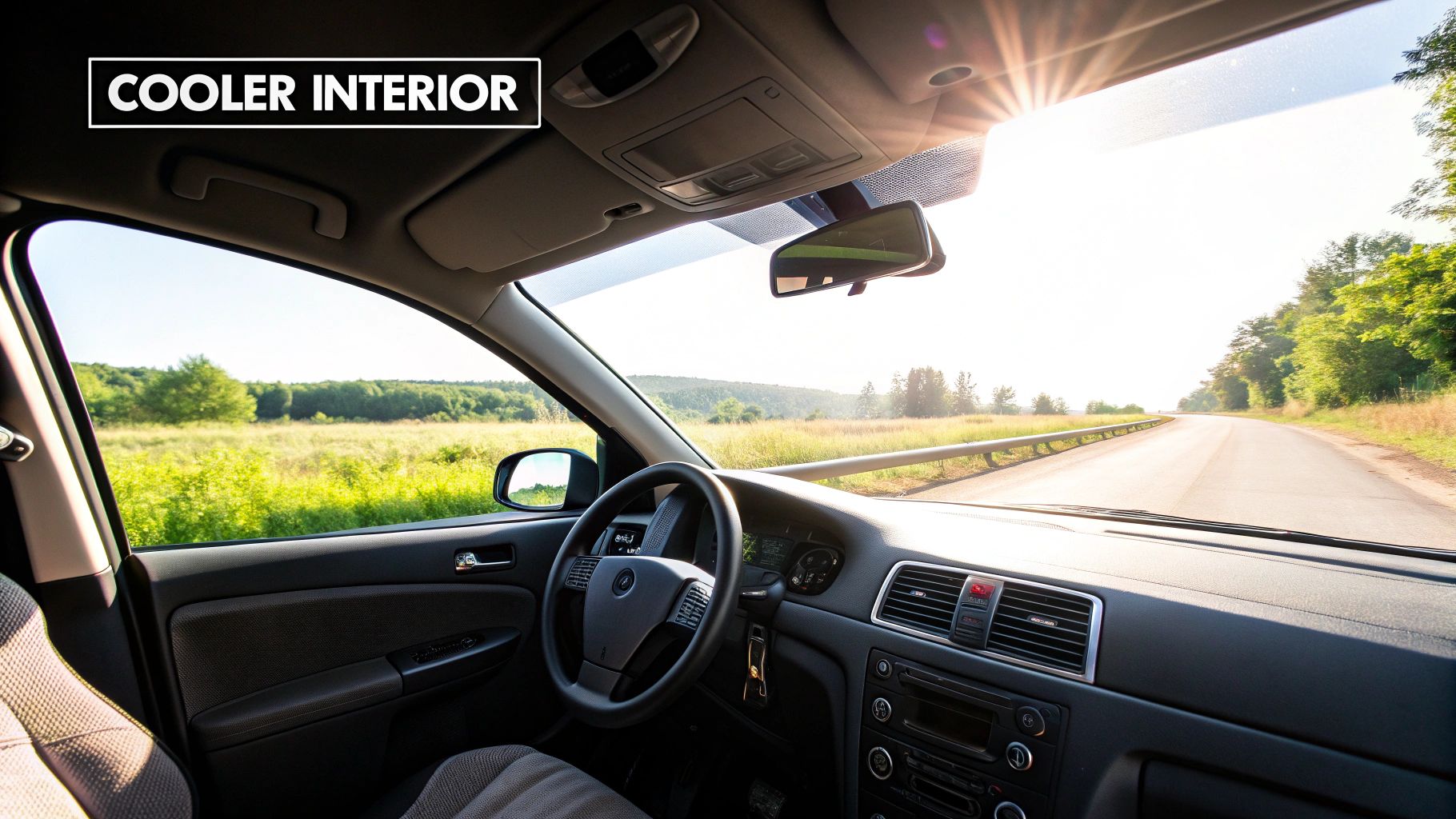 View from inside a car on a sunny road, showing green landscape and a 'COOLER INTERIOR' text.