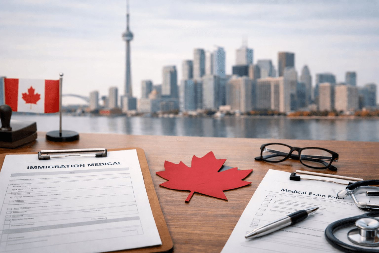 Canadian immigration process illustrated with documents and Toronto skyline, explaining steps after AOR including an immigration medical exam completed by a panel physician at GTA Immigration Physicians