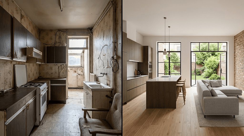 Avant après d'une rénovation complète de maison avec ouverture des espaces et cuisine moderne.