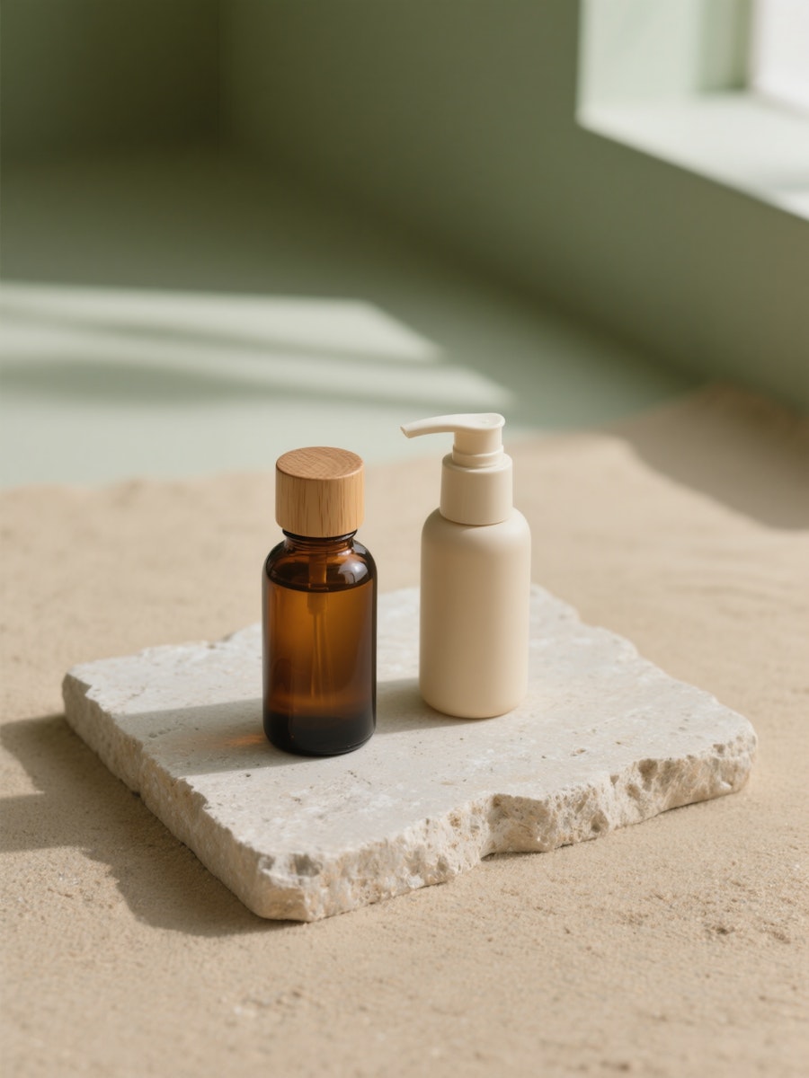 Skincare bottles on stone block