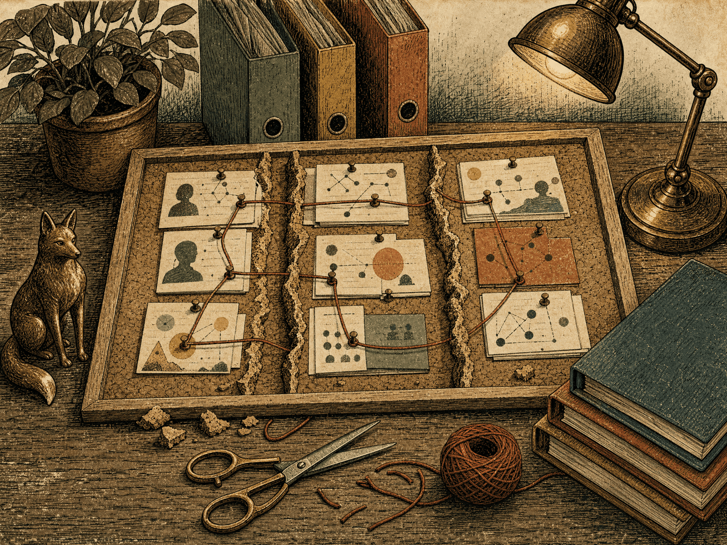 Hand-drawn corkboard where walled-off card groups are cut open and joined by one red string