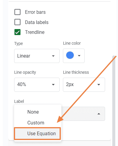 Scroll down within the Series section, and select Label to show the equation on the chart.