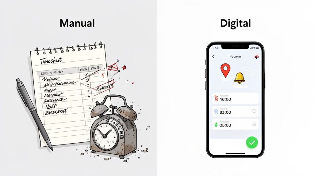 Comparison of manual time tracking with paper timesheet and pen versus digital time tracking app on a smartphone.