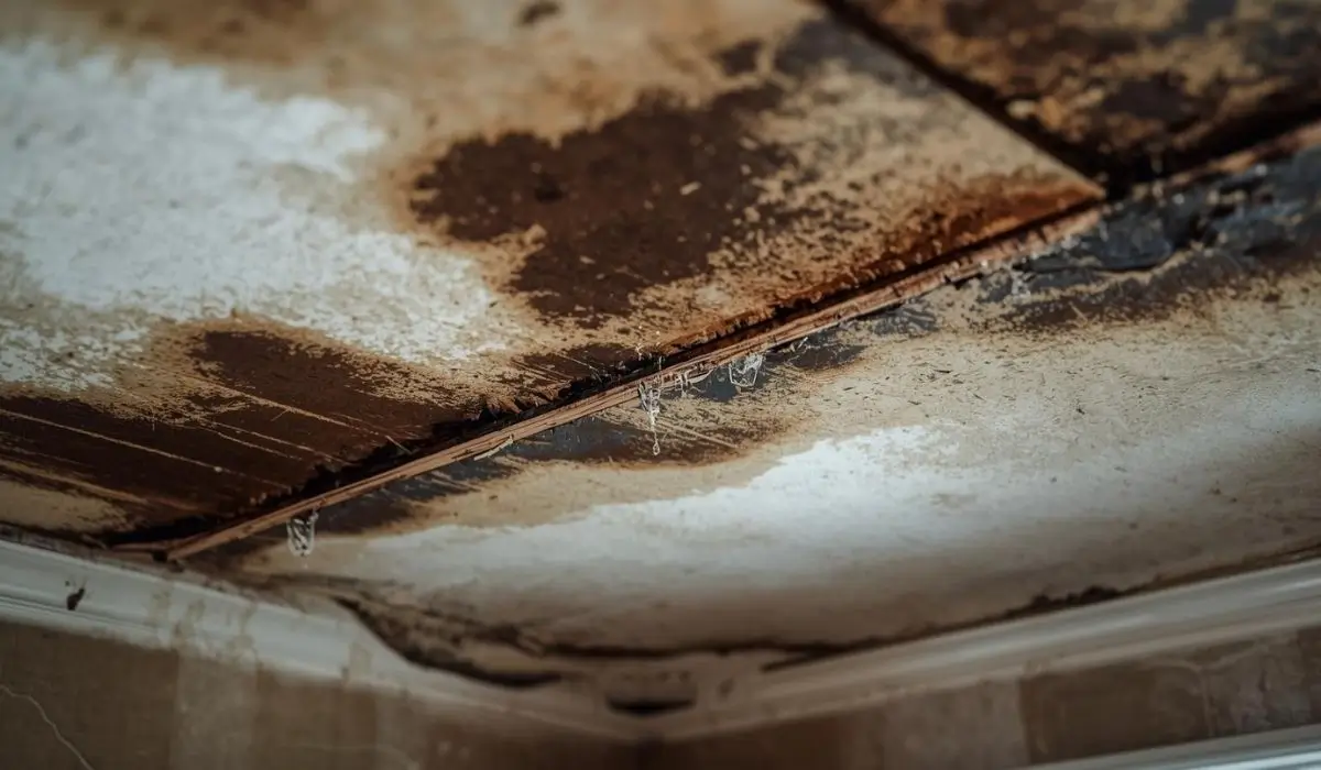 Water-damaged ceiling in a Naperville home caused by roof leaks from an ice dam forming along the eaves.