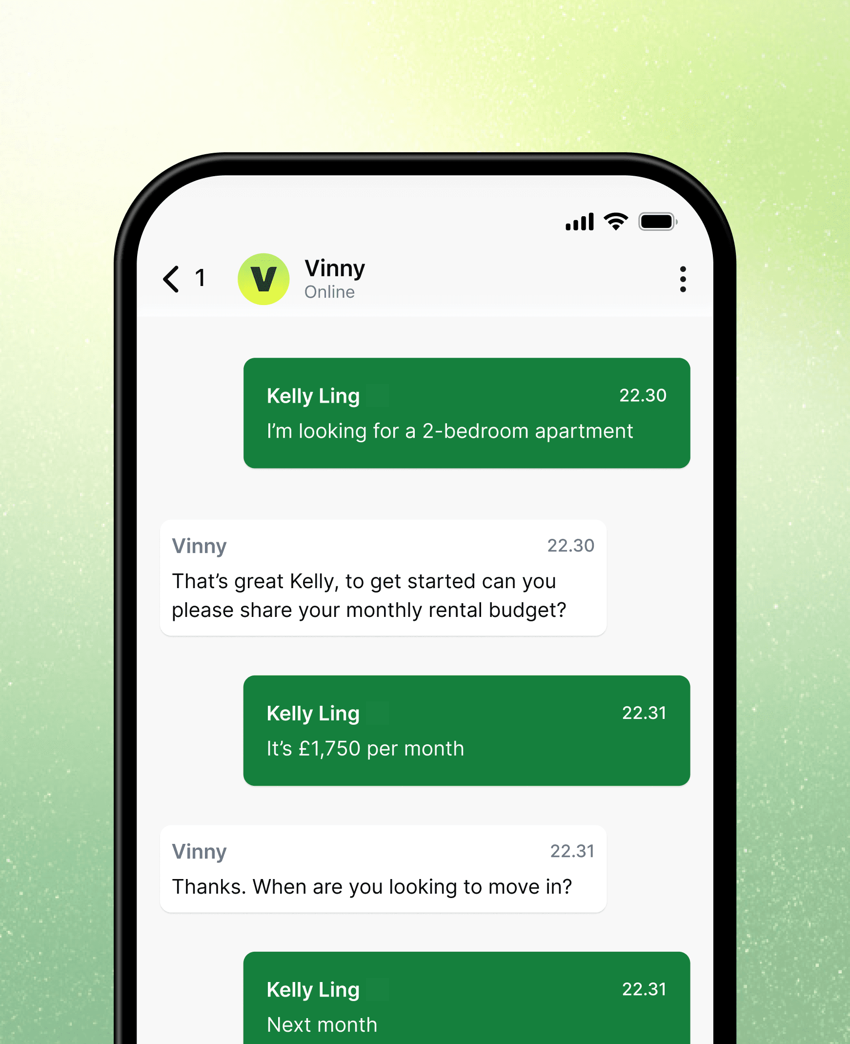 Mobile-Chat-Oberfläche zeigt Vinny, der auf ein neues Interesse reagiert und eine Anfrage stellt.