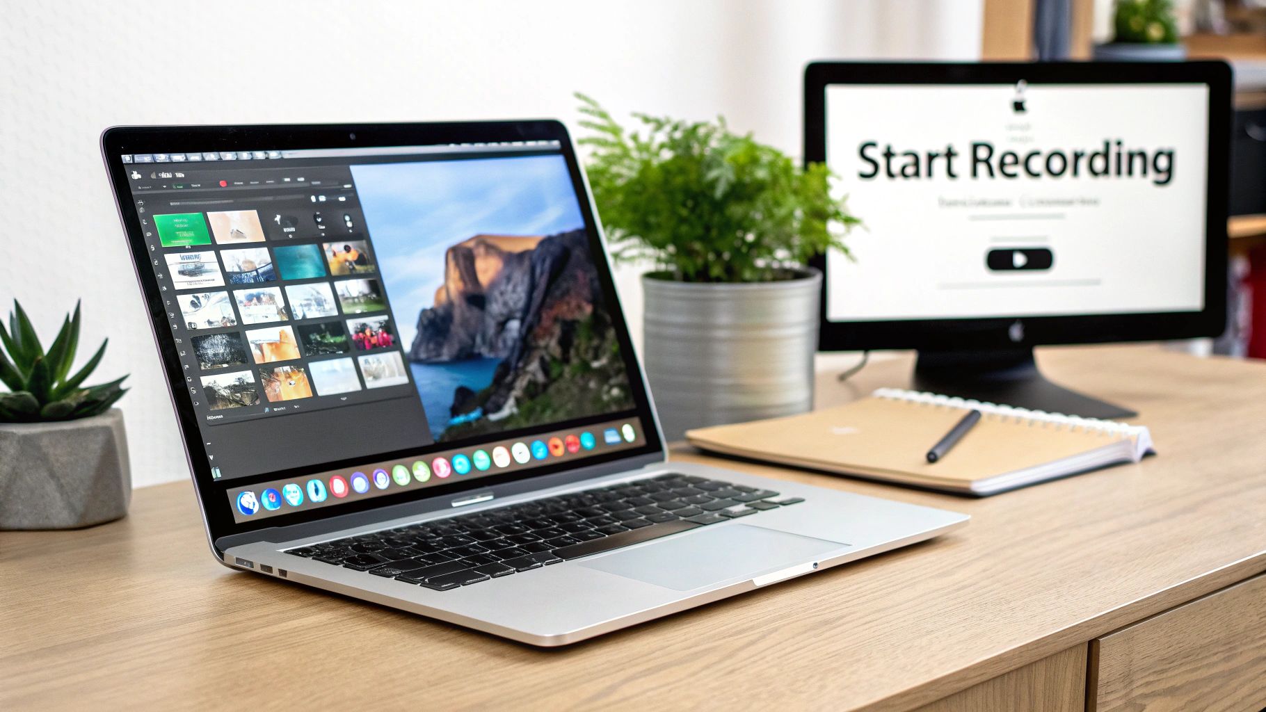 A person sitting at a desk and using a Mac for webcam recording.