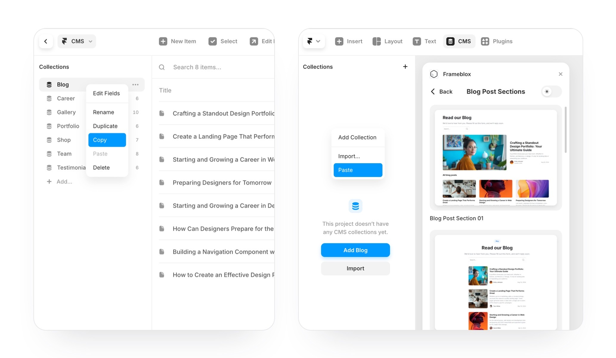 How do I create CMS collections in my Framer project?