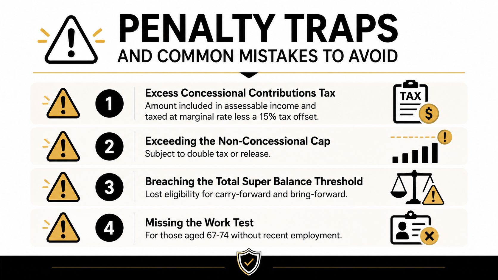 An infographic detailing four common superannuation penalty traps, including contribution caps and thresholds to avoid.