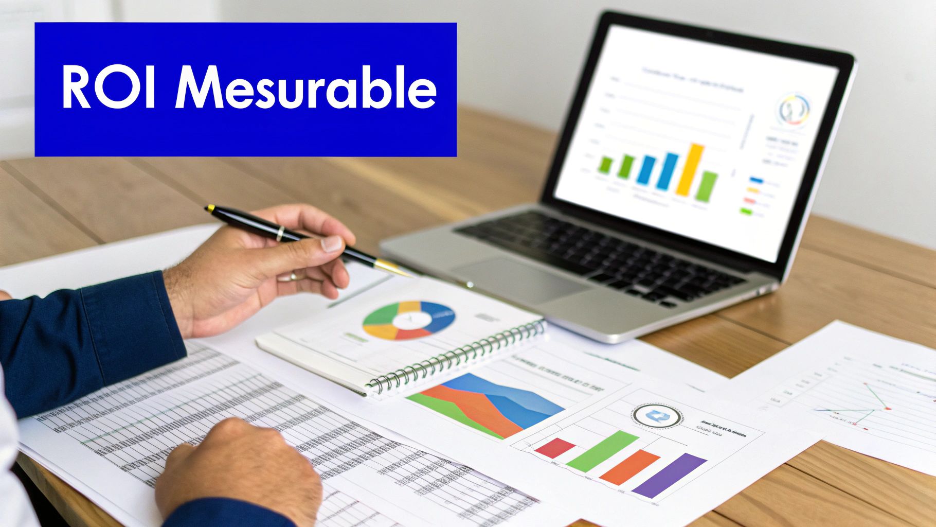 Une personne analysant des données et des graphiques sur un bureau avec un ordinateur portable, sous le texte 'ROI Mesurable'.