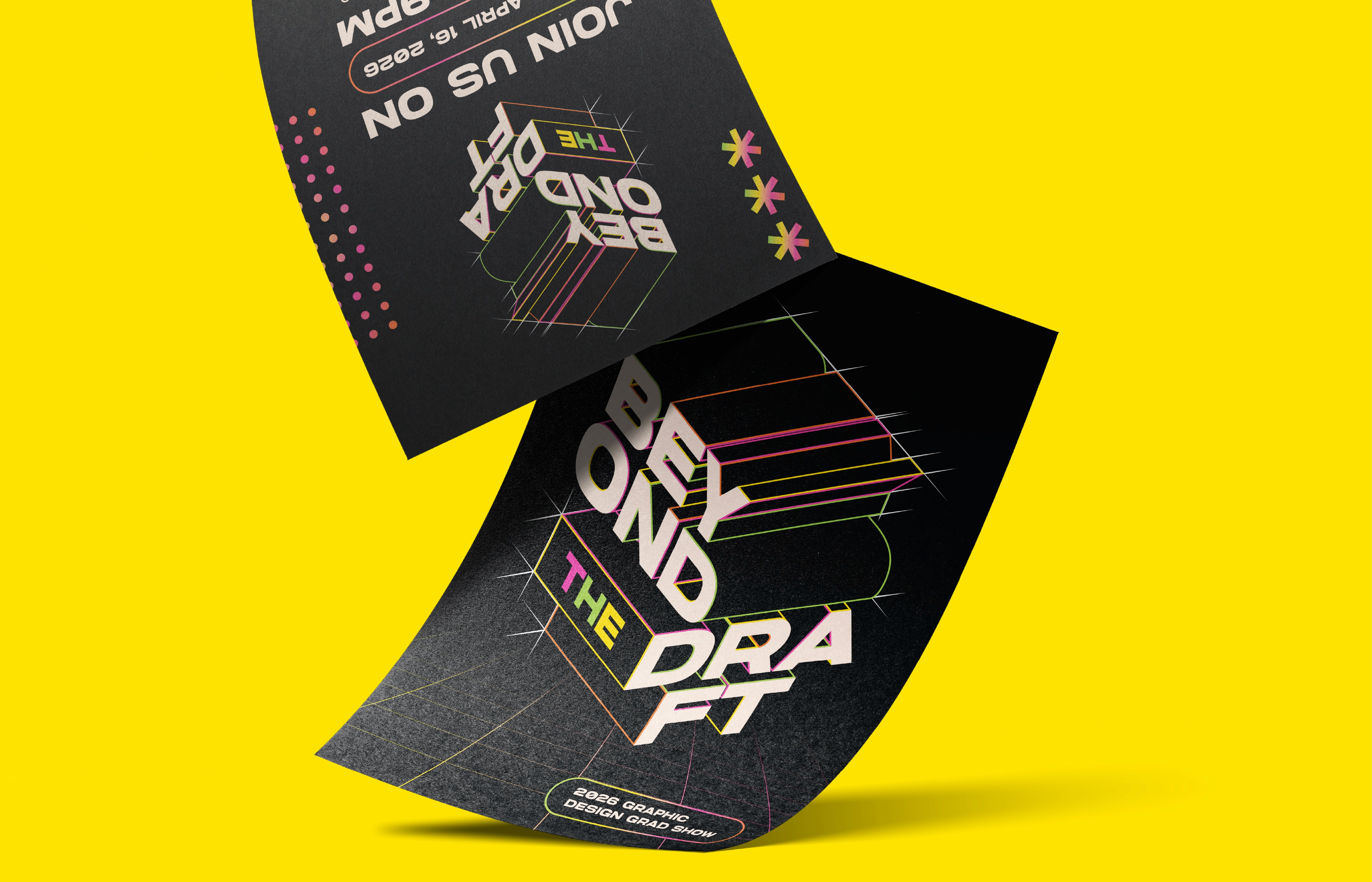 Mockup of a double sided postcard that has event details on it. Uses bold colours and typography.