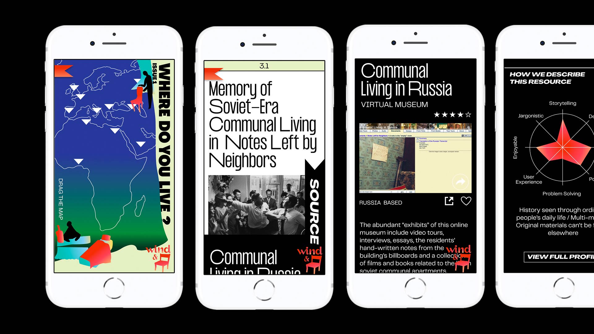 Four white iPhones are displayed side by side, each showcasing a different design. The leftmost phone displays a map titled “WHERE DO YOU LIVE?” with colorful geometric shapes and text. The center phone shows a title “Memory of Soviet-Era Communal Living in Notes Left by Neighbors,” accompanied by a black and white photo of people in a room. The rightmost phone displays “Communal Living in Russia,” a virtual museum interface with text and images. The bottom right phone is titled “HOW WE DESCRIBE THIS RESOURCE,” with a star chart and compass graphic.