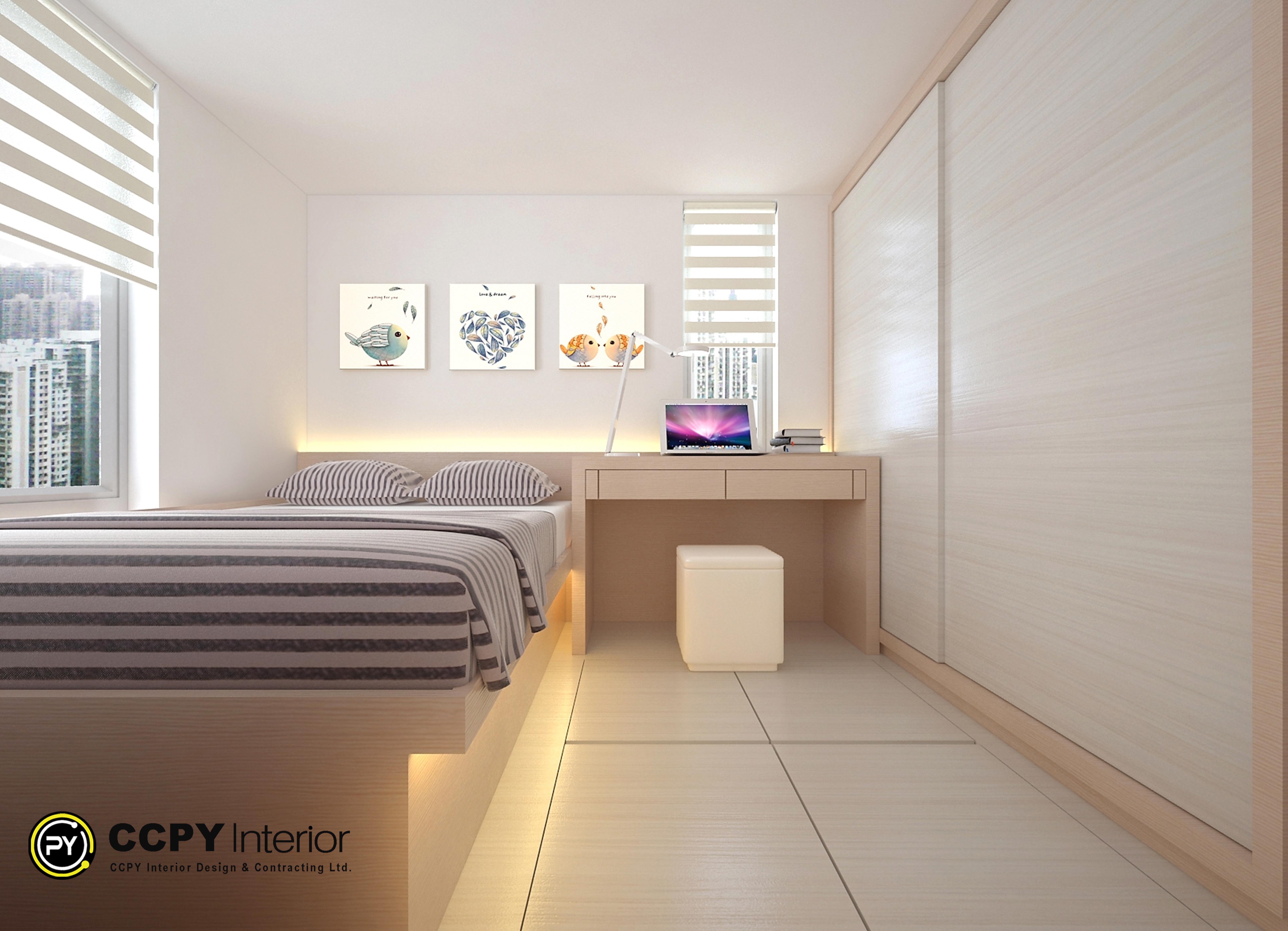 e selected region displays a modern, light-toned bedroom designed to maximize space and functionality.Key Design FeaturesSpace-Saving Layout: Features a platform bed integrated with a built-in study desk and floor-to-ceiling sliding wardrobe.Color Palette: Uses neutral beige, off-white, and light wood tones to brighten the small space.Under-Bed Lighting: Warm LED strip lighting beneath the platform bed creates a floating effect and adds ambiance.Decor Accents: Decorated with three small, playful wall art pieces above the headboard area.Window Treatment: Styled with zebra roller blinds to precisely control incoming natural light.